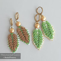 DIMENSIONAL LEAVES Earrings - Beading Pattern - Beaded earrings made with Seed beads and 2-hole Candy beads - Instant PDF Download