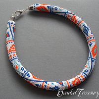 ETHNIC WAY - bead crochet necklace pattern / Bead crochet pattern / Bead crochet rope pattern / White, Blue, Orange / PATTERN ONLY