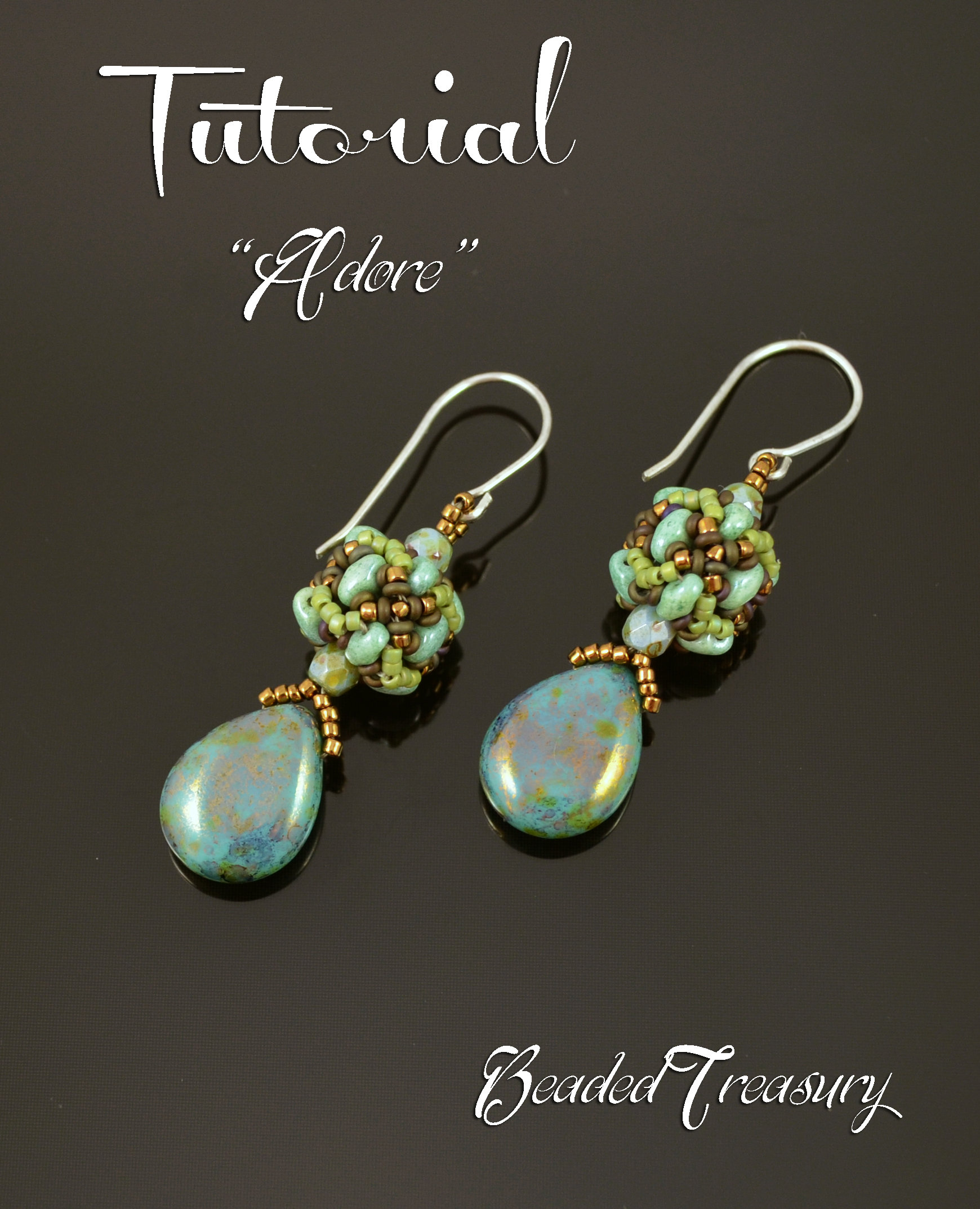ADORE - beaded bead earrings tutorial, beading tutorial, MiniDuo bead pattern, seed beads, Demi Round bead pattern / TUTORIAL ONLY