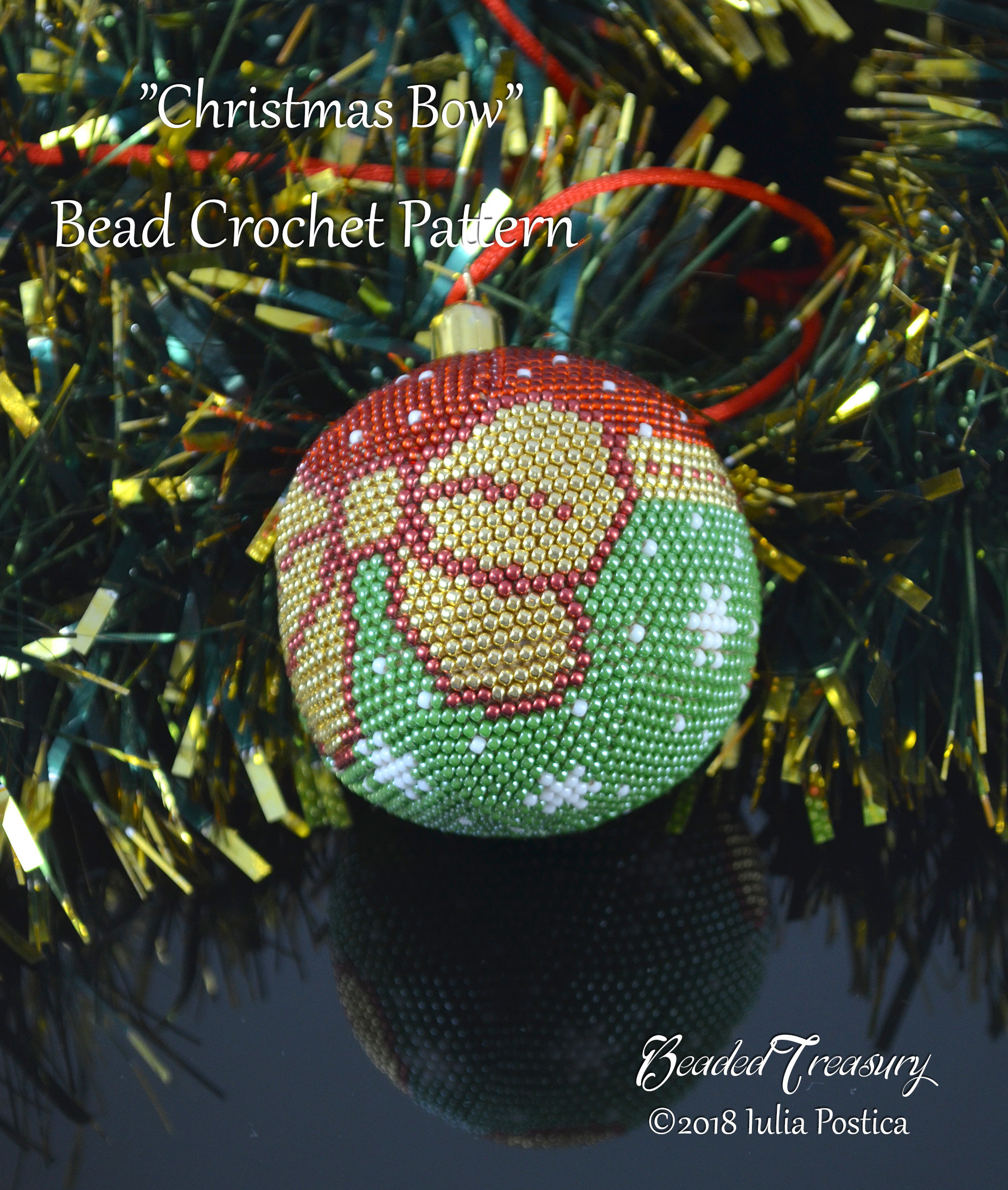 CHRISTMAS BOW beaded crochet ball ornament pattern made with seed beads, pdf. Download