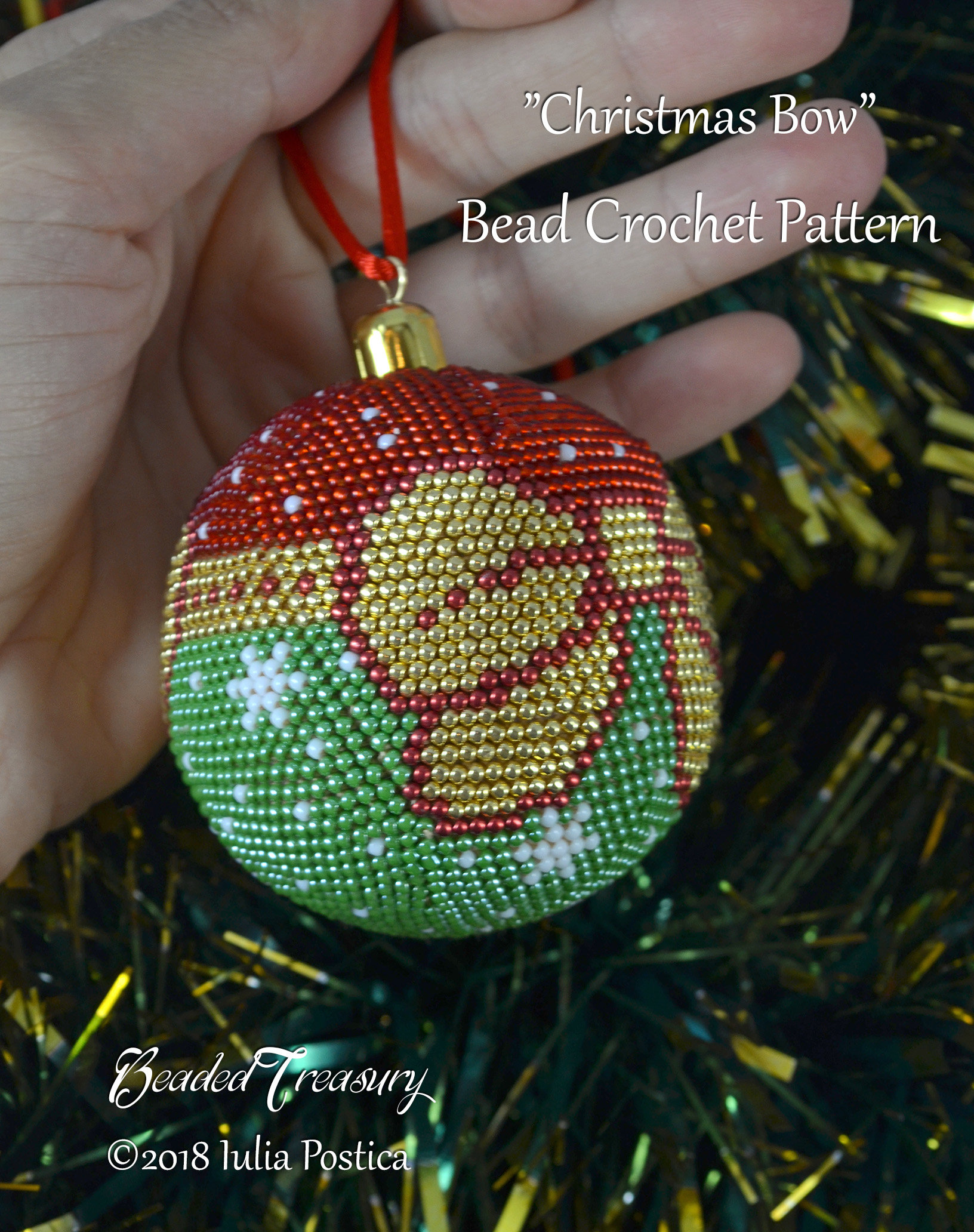 CHRISTMAS BOW beaded crochet ball ornament pattern made with seed beads, pdf. Download