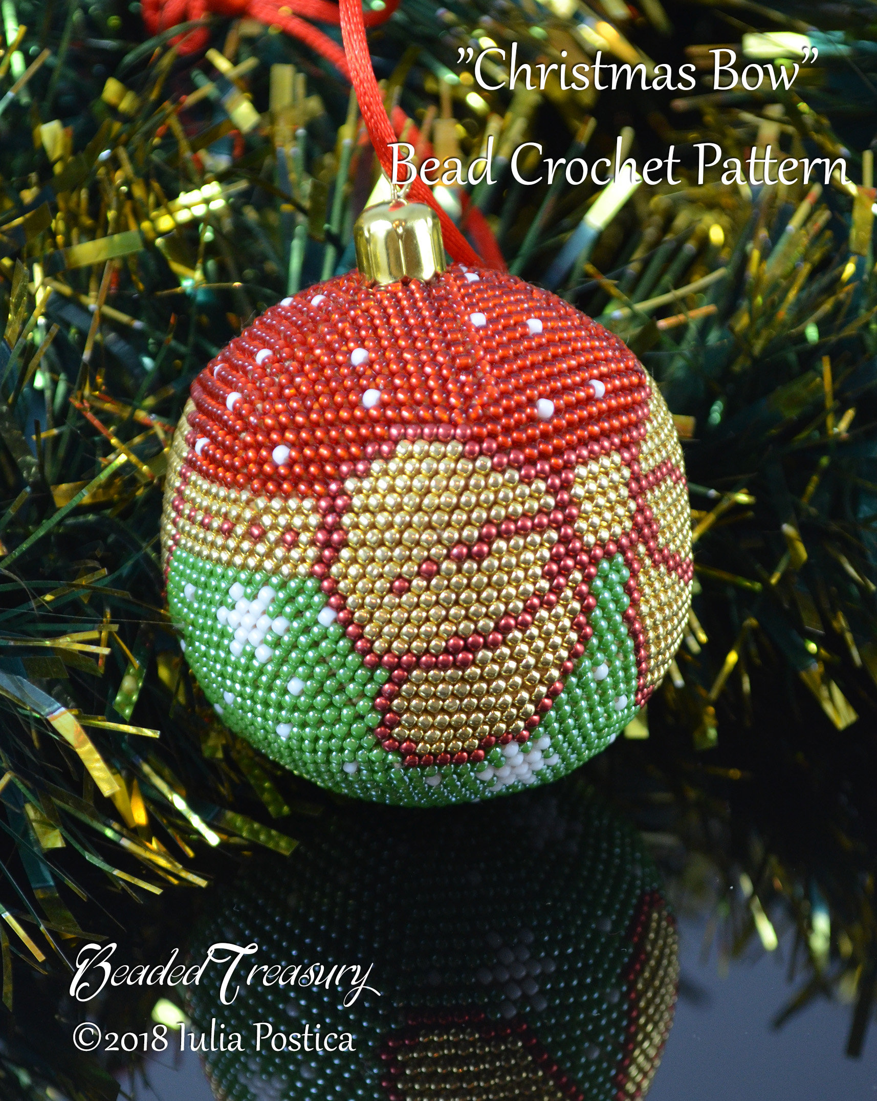 CHRISTMAS BOW beaded crochet ball ornament pattern made with seed beads, pdf. Download