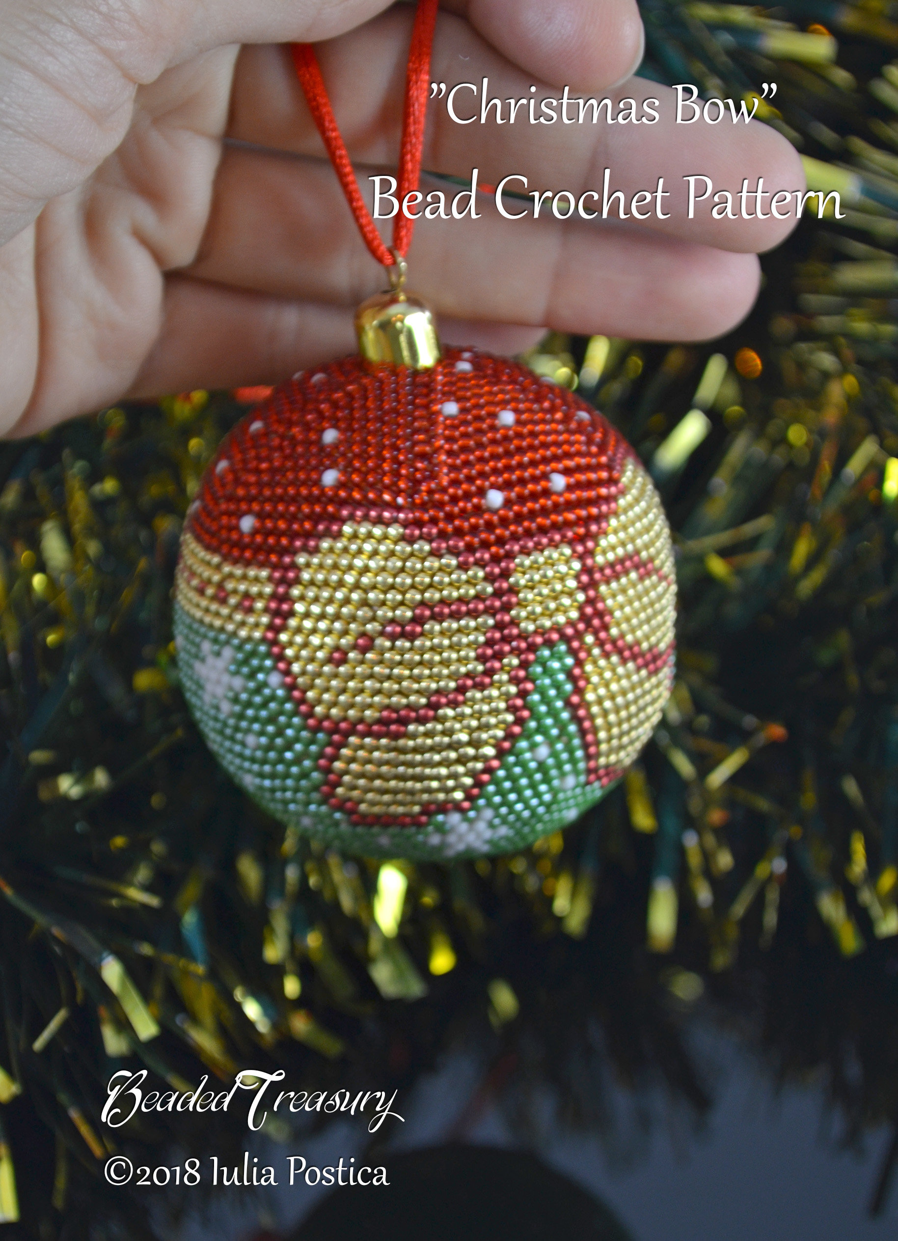 CHRISTMAS BOW beaded crochet ball ornament pattern made with seed beads, pdf. Download