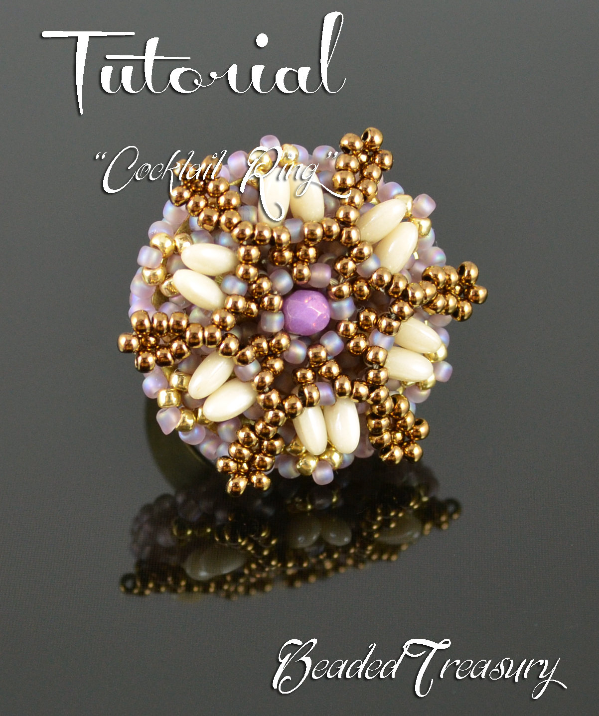 COCKTAIL RING - beaded ring tutorial with seed beads, Rizo beads, fire polished beads / Beadwoven ring pattern / Beading tutorial / TUTORIAL ONLY
