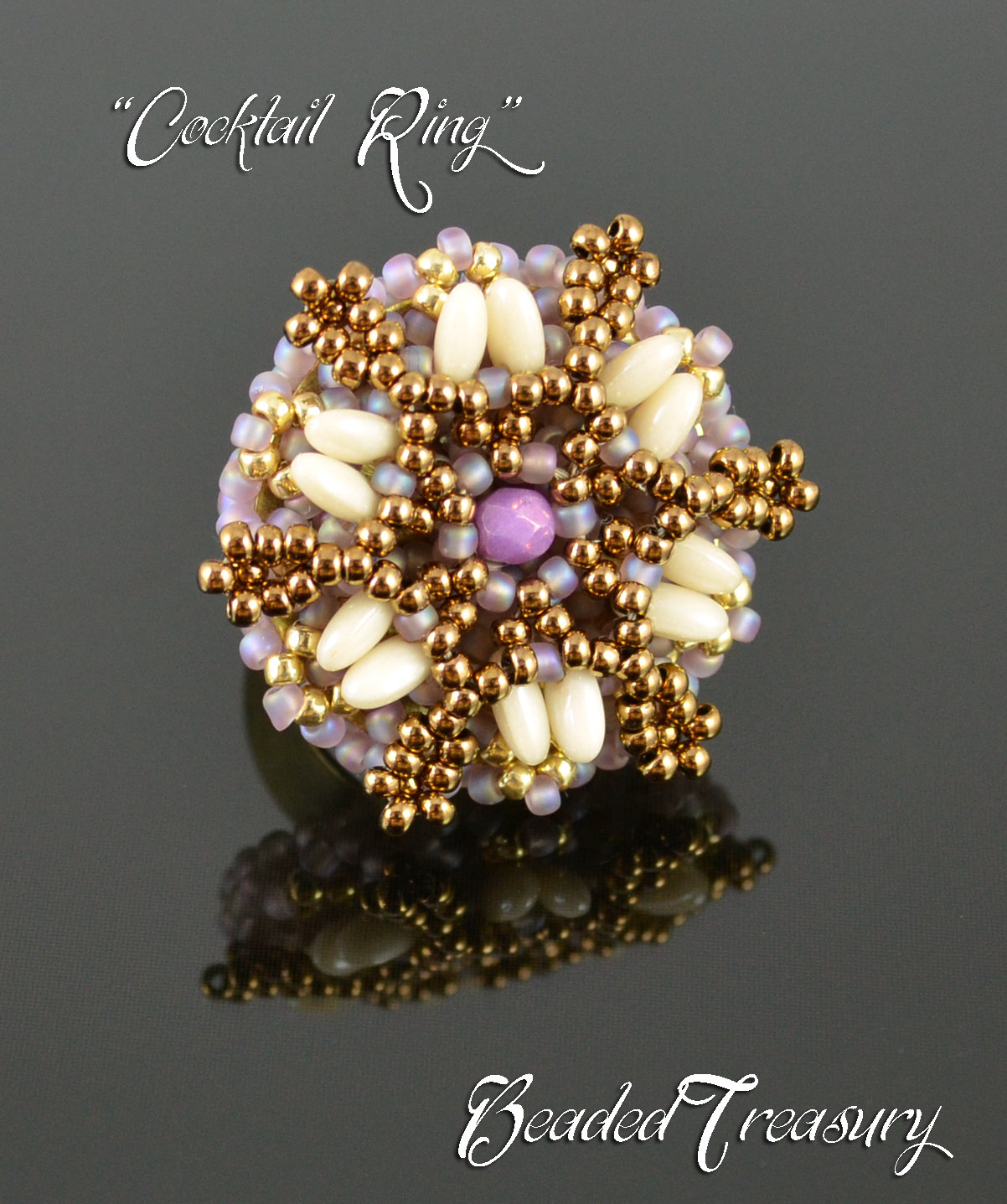 COCKTAIL RING - beaded ring tutorial with seed beads, Rizo beads, fire polished beads / Beadwoven ring pattern / Beading tutorial / TUTORIAL ONLY