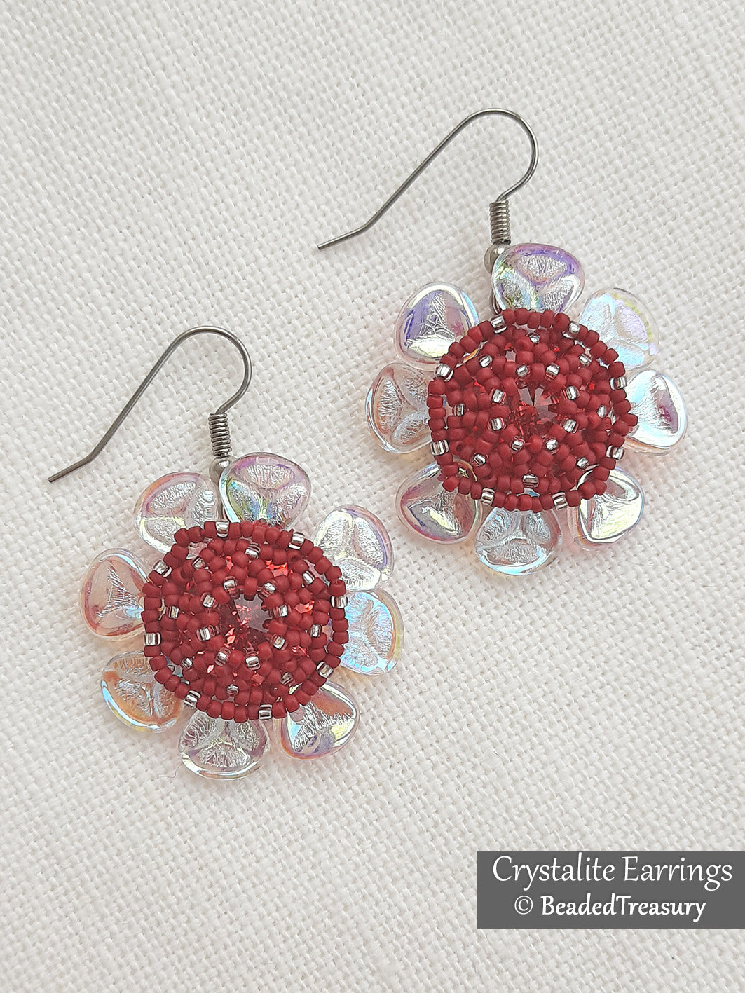 CRYSTALITE EARRINGS - Beading Tutorial with Rose Petal, Seed Beads and Swarovski Rivoli