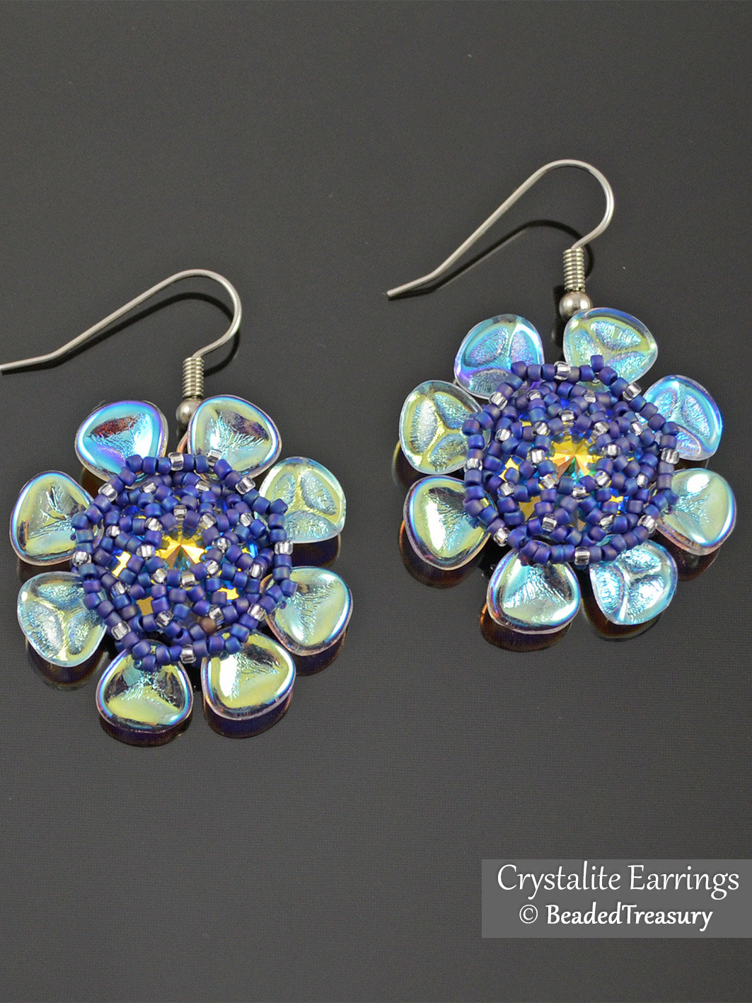 CRYSTALITE EARRINGS - Beading Tutorial with Rose Petal, Seed Beads and Swarovski Rivoli