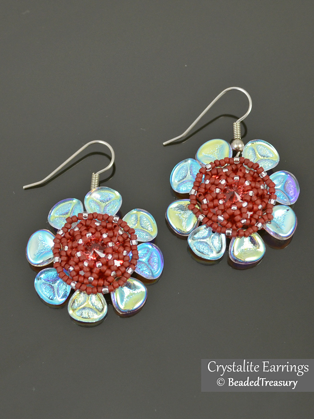 CRYSTALITE EARRINGS - Beading Tutorial with Rose Petal, Seed Beads and Swarovski Rivoli