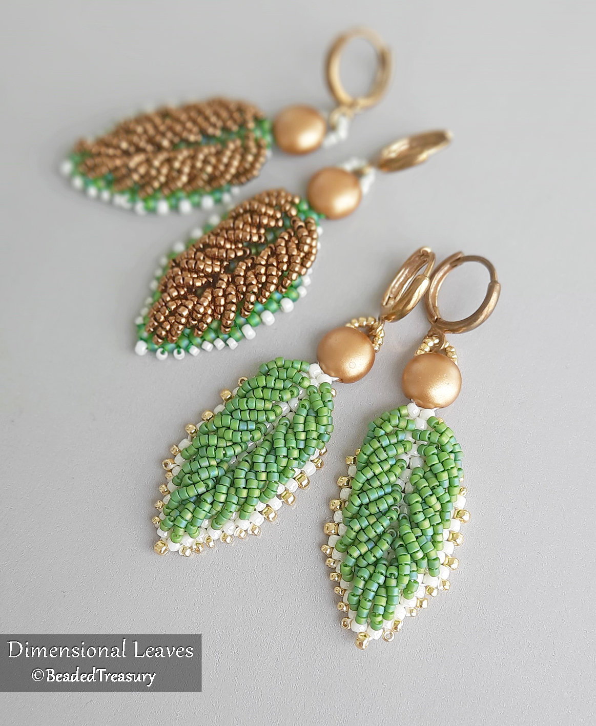 DIMENSIONAL LEAVES Earrings - Beading Pattern - Beaded earrings made with Seed beads and 2-hole Candy beads - Instant PDF Download