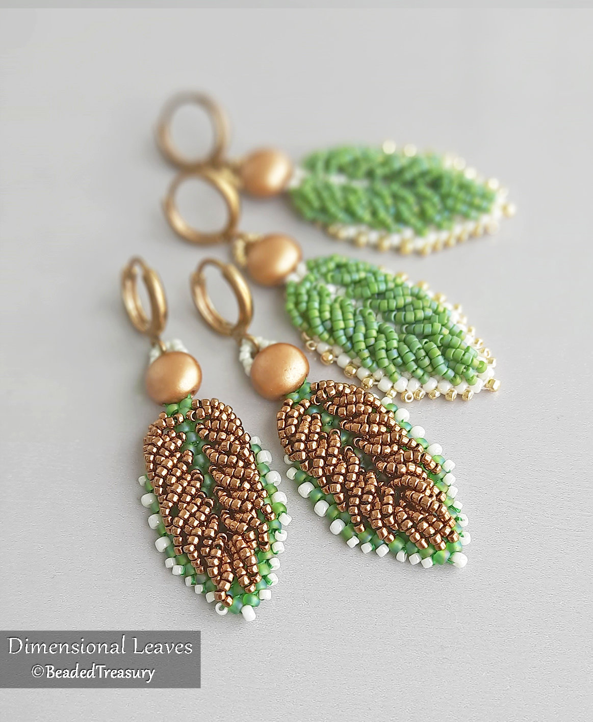 DIMENSIONAL LEAVES Earrings - Beading Pattern - Beaded earrings made with Seed beads and 2-hole Candy beads - Instant PDF Download