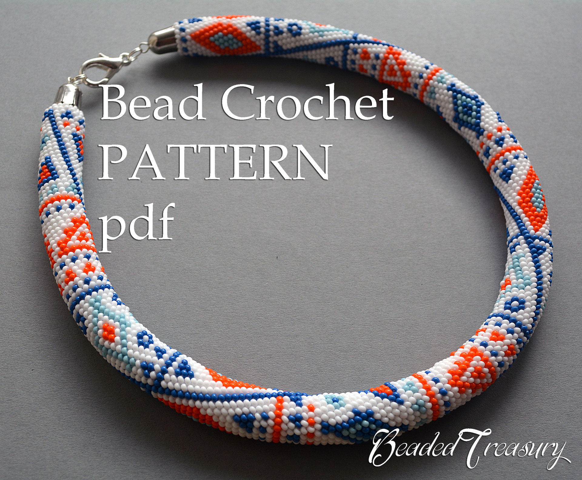 ETHNIC WAY - bead crochet necklace pattern / Bead crochet pattern / Bead crochet rope pattern / White, Blue, Orange / PATTERN ONLY