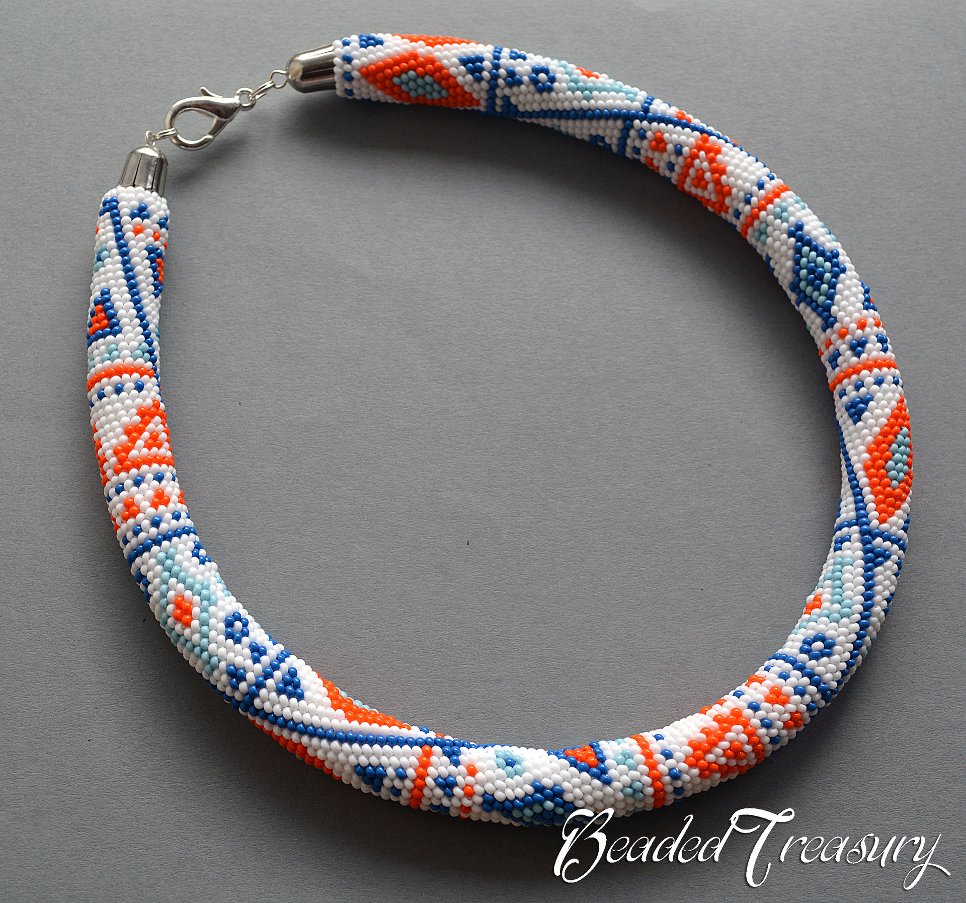 ETHNIC WAY - bead crochet necklace pattern / Bead crochet pattern / Bead crochet rope pattern / White, Blue, Orange / PATTERN ONLY