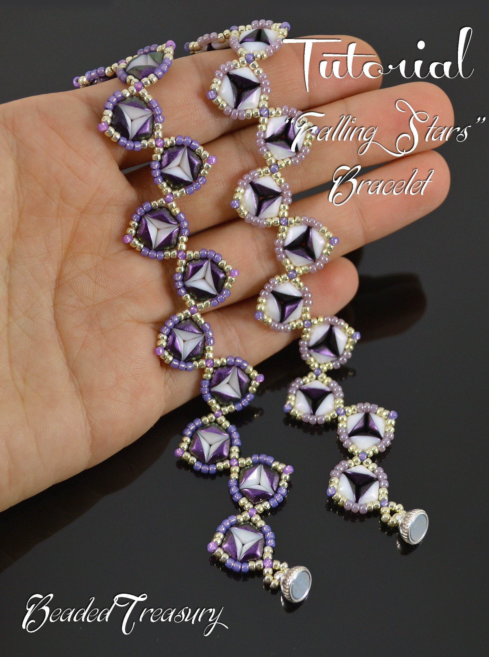 FALLING STARS Beadwoven bracelet pattern Beading tutorial with 2-hole Gem Duo duets and Seed beads - Instant PDF Download