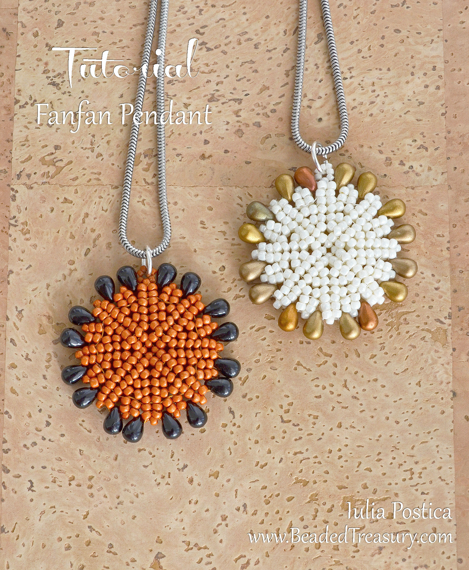 Beading Tutorial - FANFAN Pendant - Round pendant tutorial with seed beads and drops - Herringbone beading pattern - Instant PDF Download