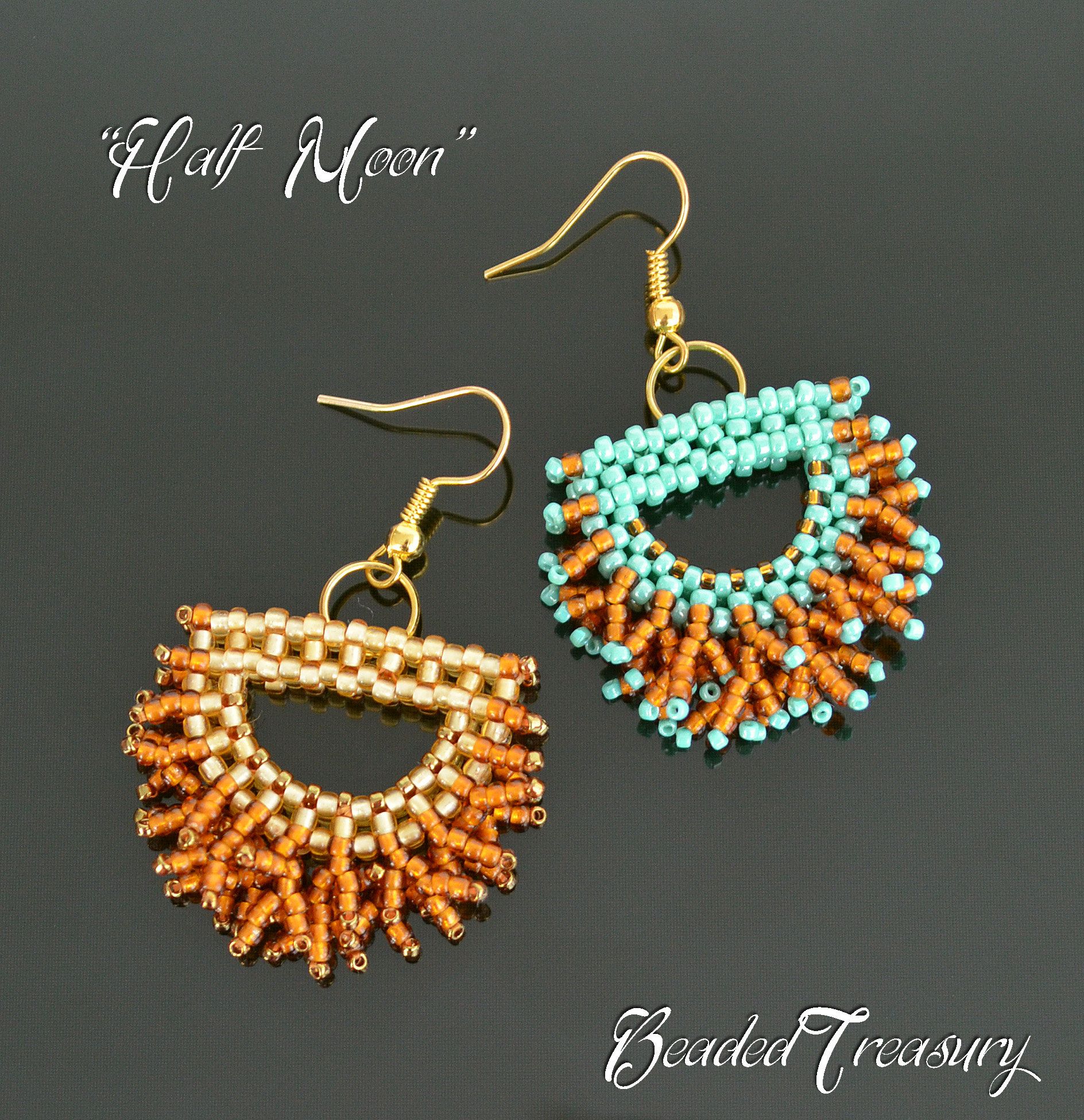 HALF MOON beaded fringe earrings tutorial, beading pattern, seed beads pattern / TUTORIAL ONLY