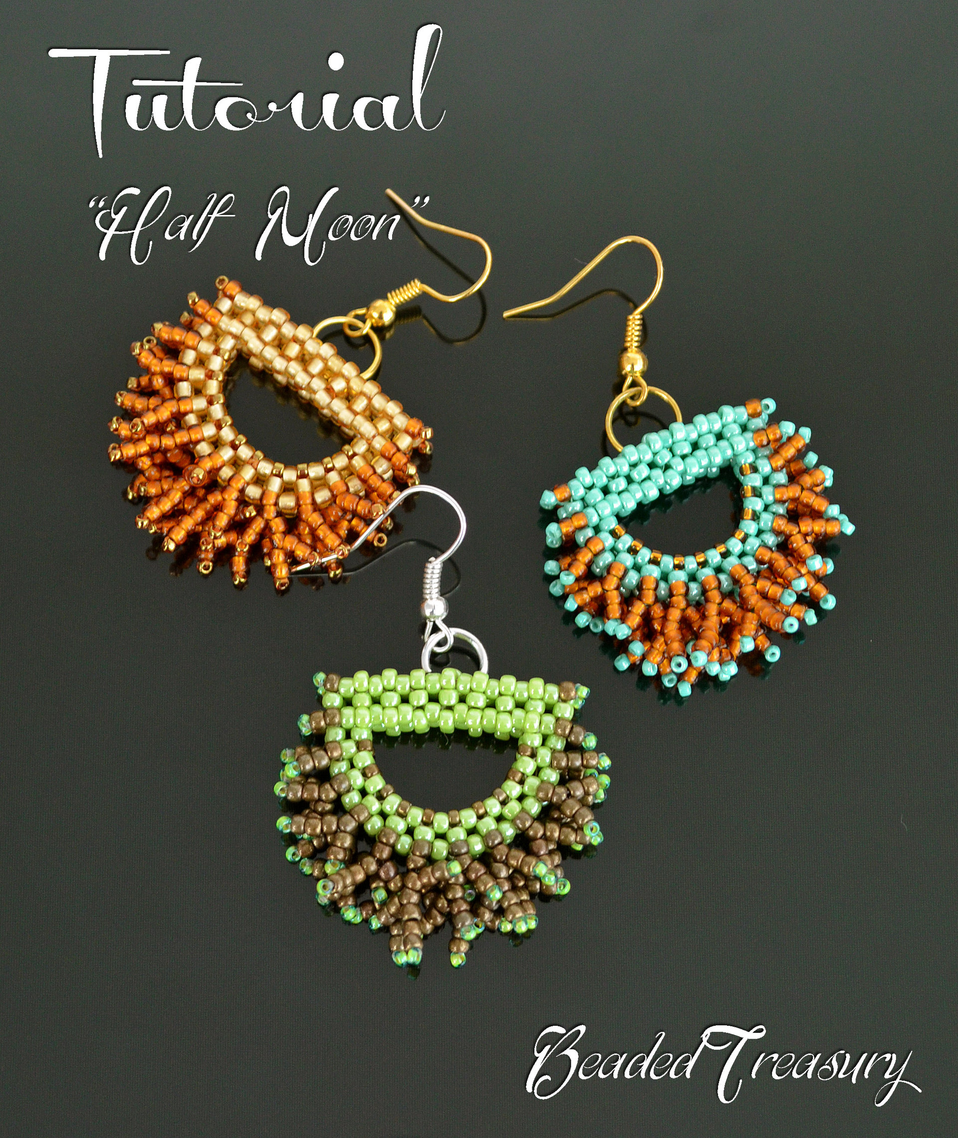 HALF MOON beaded fringe earrings tutorial, beading pattern, seed beads pattern / TUTORIAL ONLY