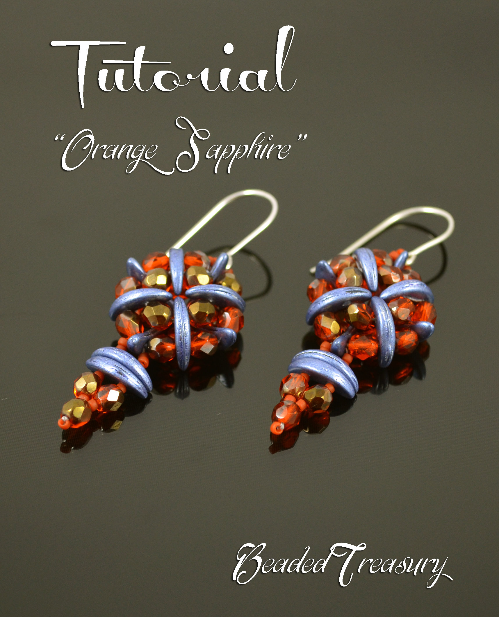ORANGE SAPPHIRE - beadwoven earrings tutorial with Crescent beads, fire polished beads and seed beads; earring bead pattern / TUTORIAL ONLY