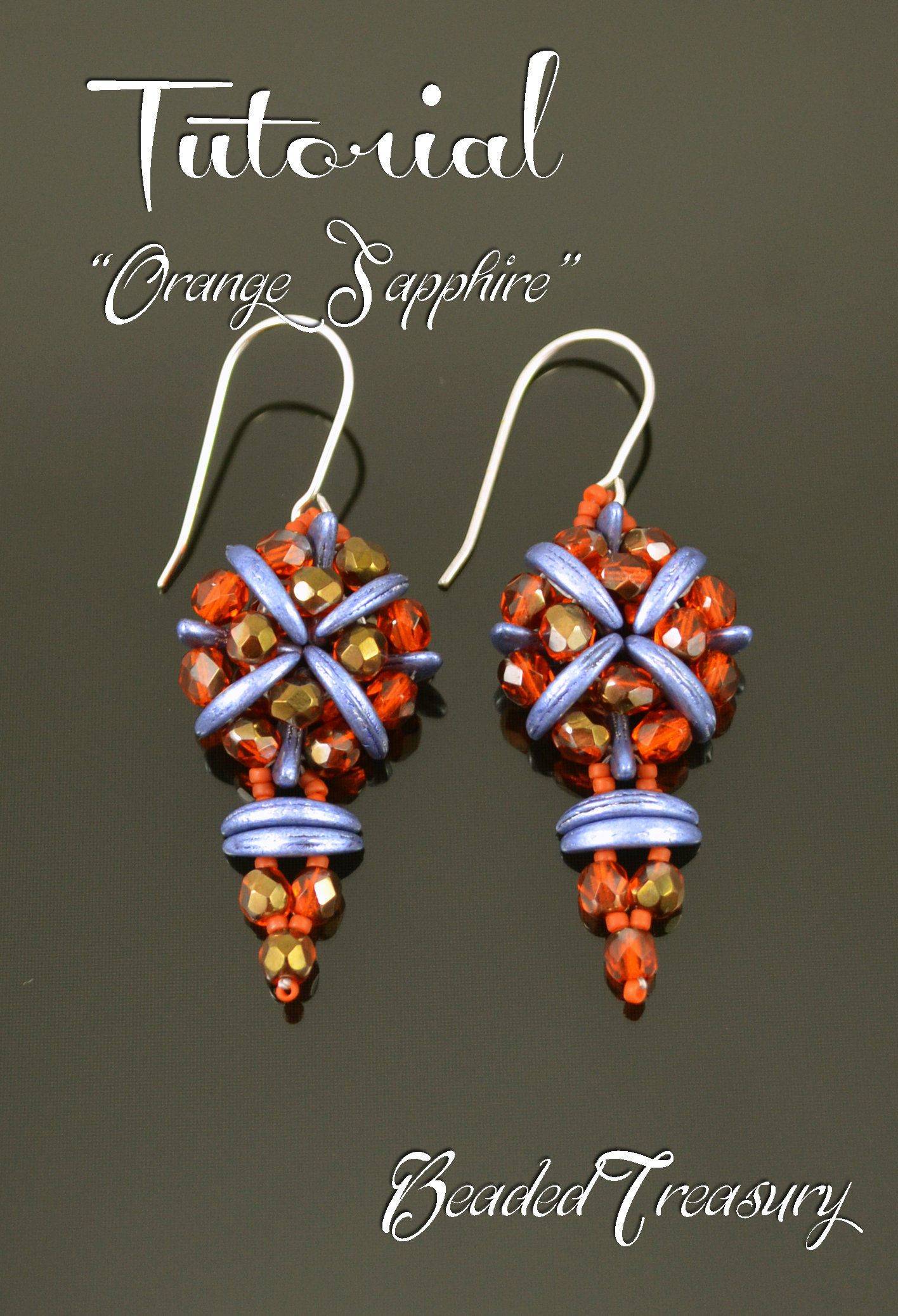 ORANGE SAPPHIRE - beadwoven earrings tutorial with Crescent beads, fire polished beads and seed beads; earring bead pattern / TUTORIAL ONLY