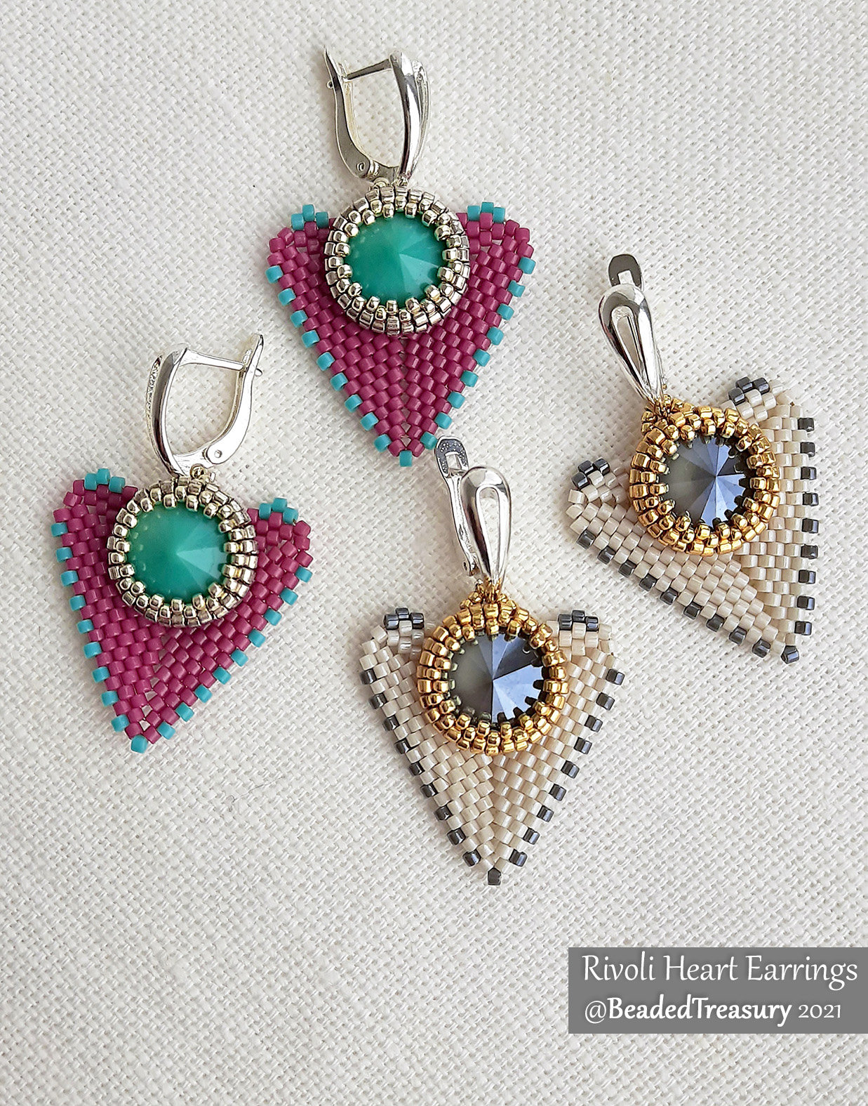 RIVOLI HEART EARRINGS - Beading Pattern - Peyote stitch bead pattern - Instant .pdf Download
