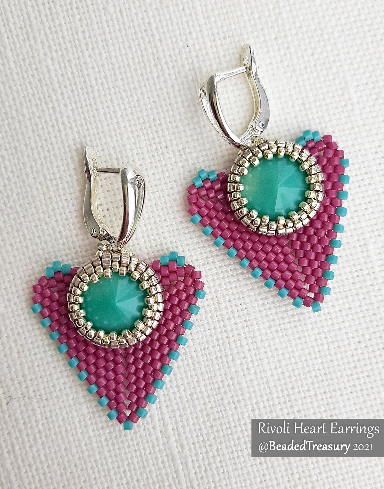 RIVOLI HEART EARRINGS - Beading Pattern - Peyote stitch bead pattern - Instant .pdf Download