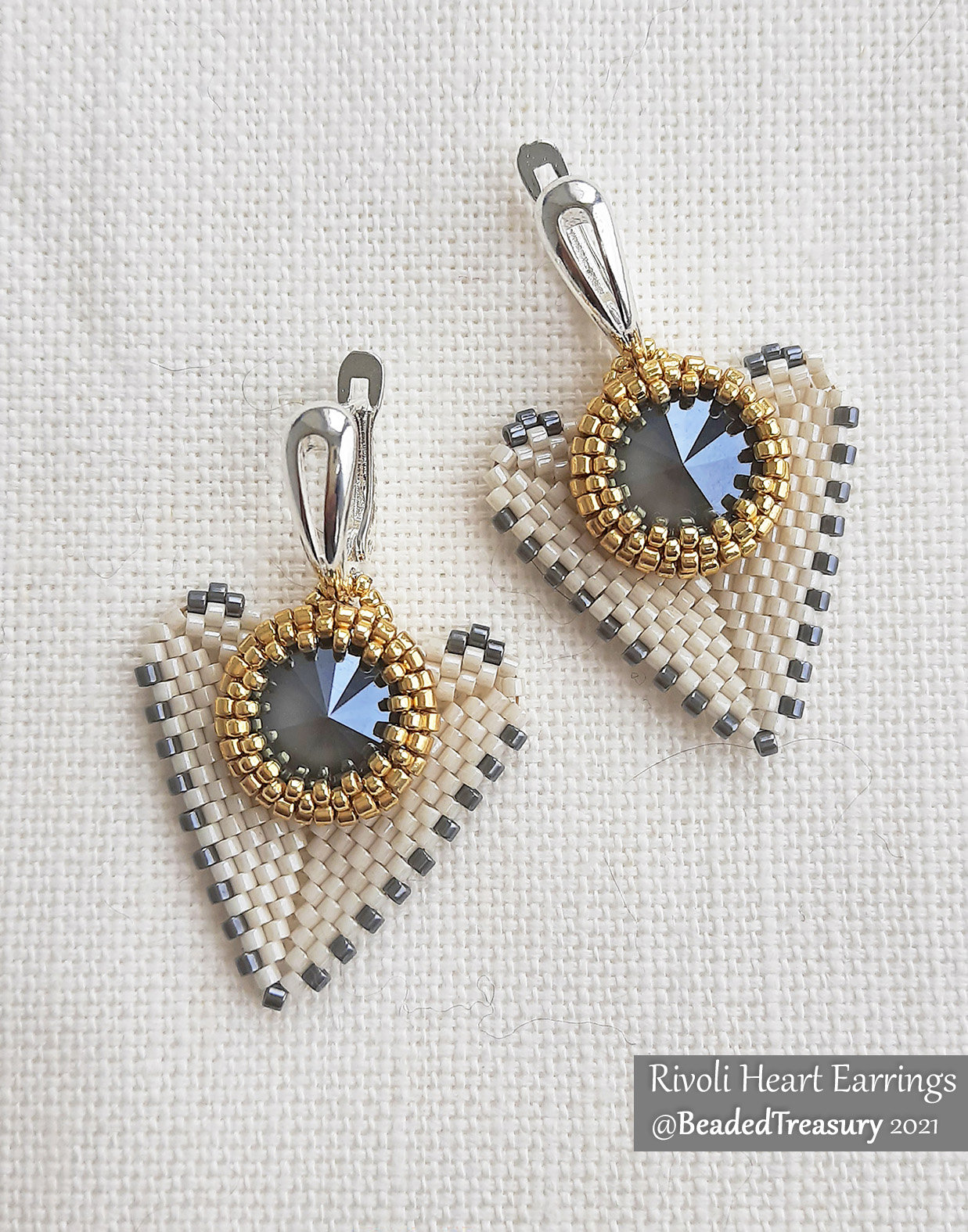 RIVOLI HEART EARRINGS - Beading Pattern - Peyote stitch bead pattern - Instant .pdf Download