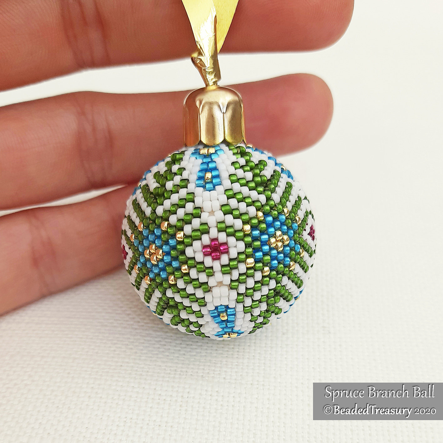 SPRUCE BRANCH BALL - Beaded Christmas Ornament Pattern - Peyote Stitch - Instant Pdf Download