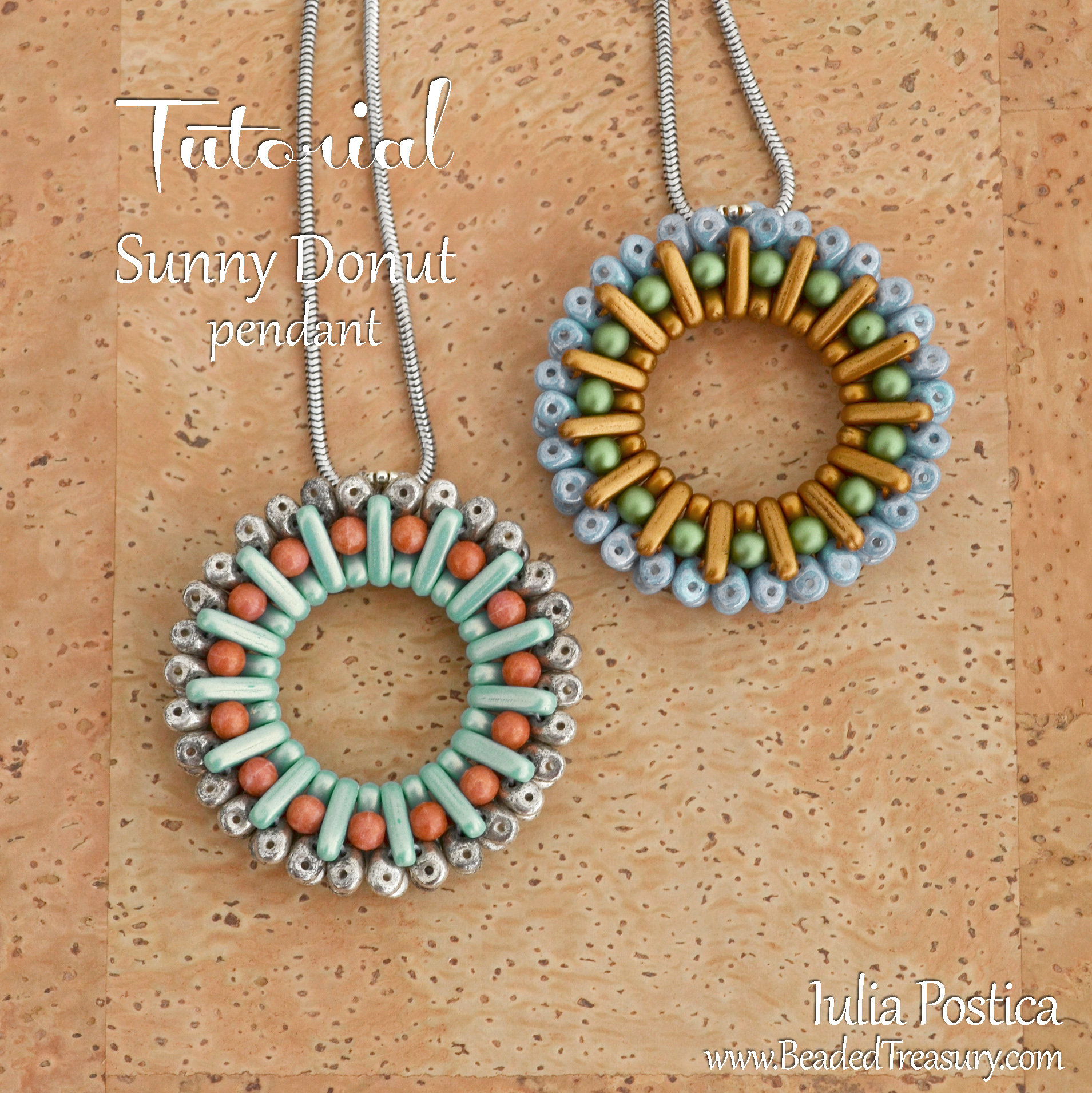 Beading Tutorial - SUNNY DONUT Pendant - Made with Czechmates Beam Superduo and round beads - Instant PDF Download