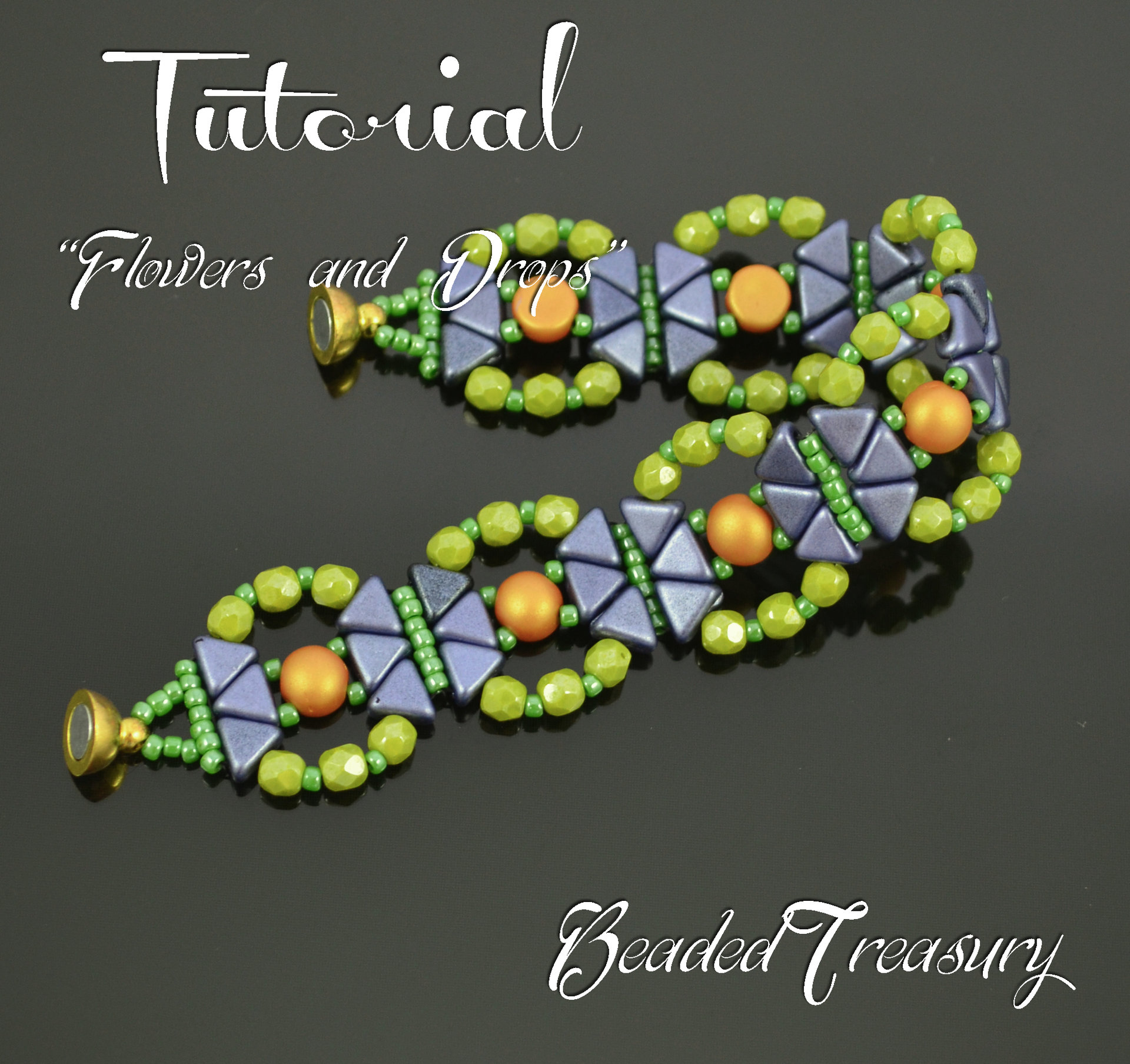 FLOWERS AND DROPS - beadwoven bracelet tutorial, Cabochon Kheops bead pattern, beaded bracelet pattern, beadweaving, seed beads / TUTORIAL ONLY
