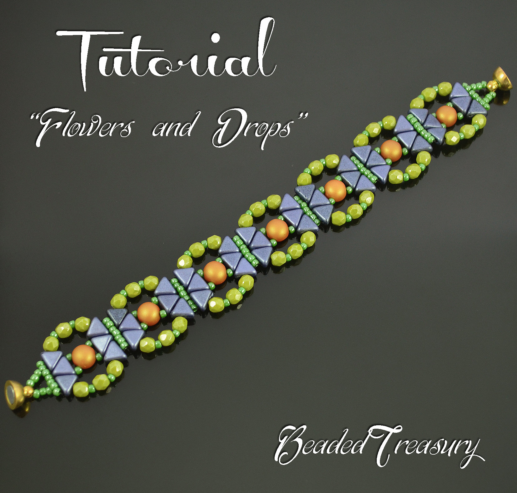 FLOWERS AND DROPS - beadwoven bracelet tutorial, Cabochon Kheops bead pattern, beaded bracelet pattern, beadweaving, seed beads / TUTORIAL ONLY