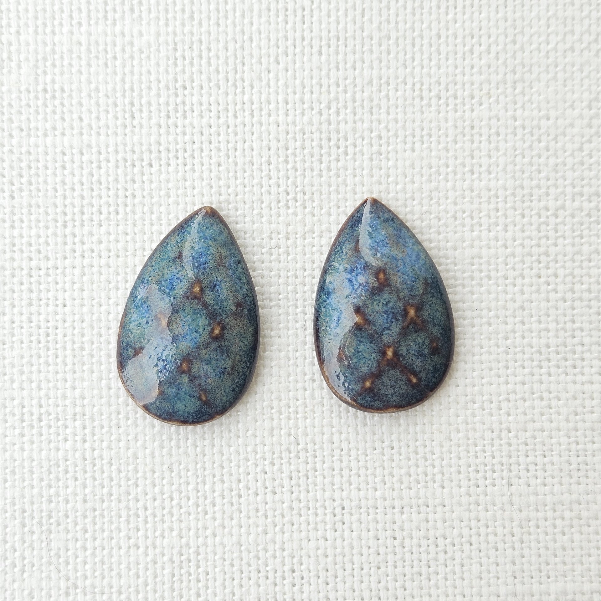 Faceted Drop Artisan Ceramic Cabochons, 25x16mm, Brownish Blue