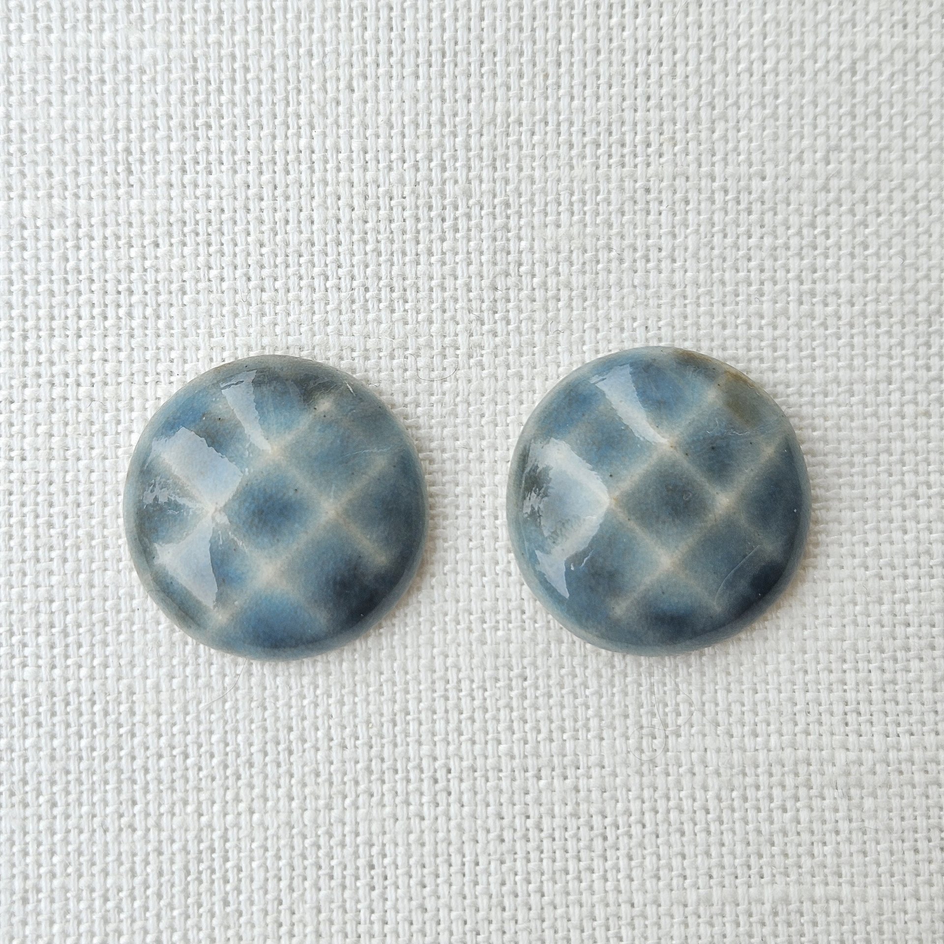 Round Faceted Artisan Ceramic Cabochons, Cloudy Sky, one pair