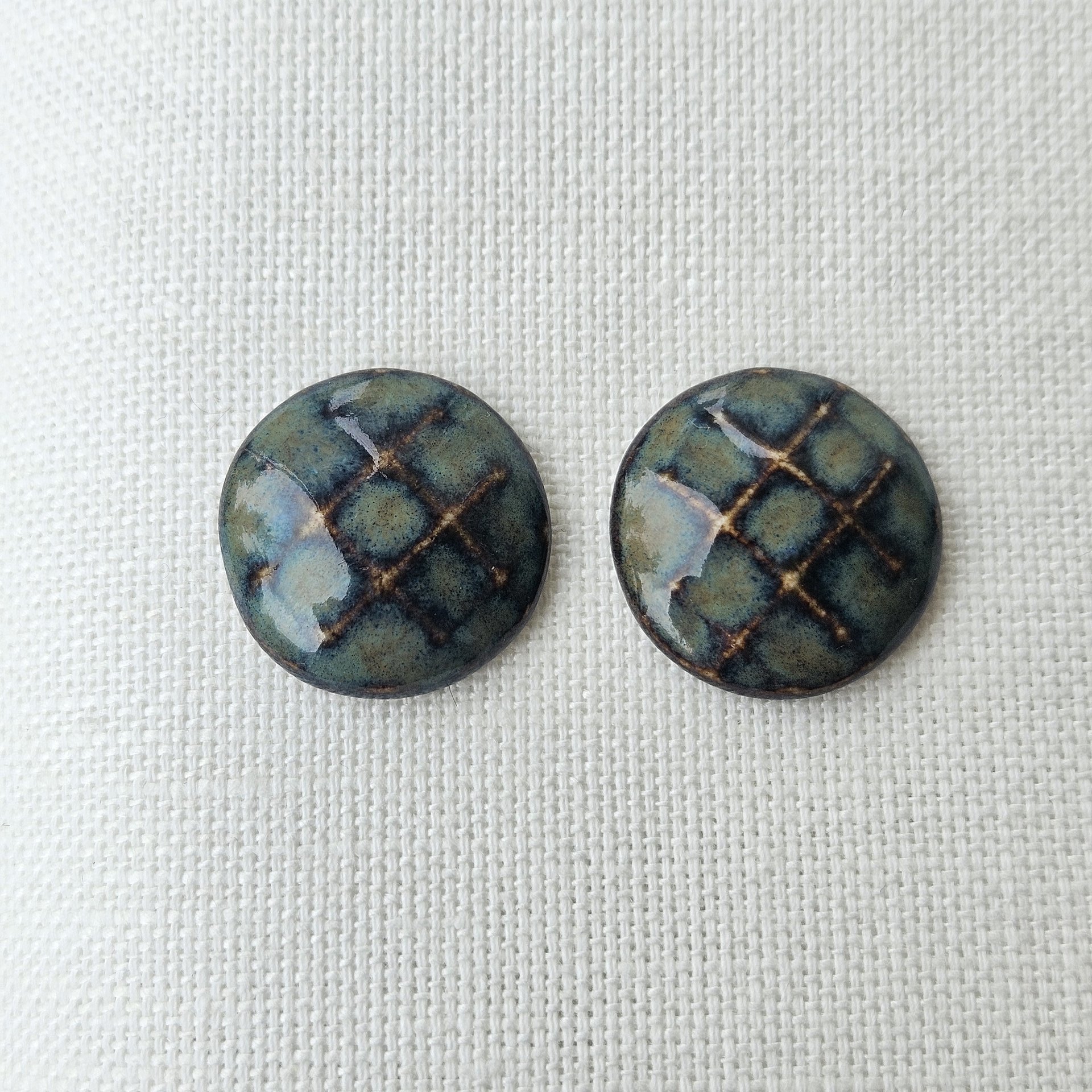 Round Faceted Artisan Ceramic Cabochons, Brownish Seafoam, one pair