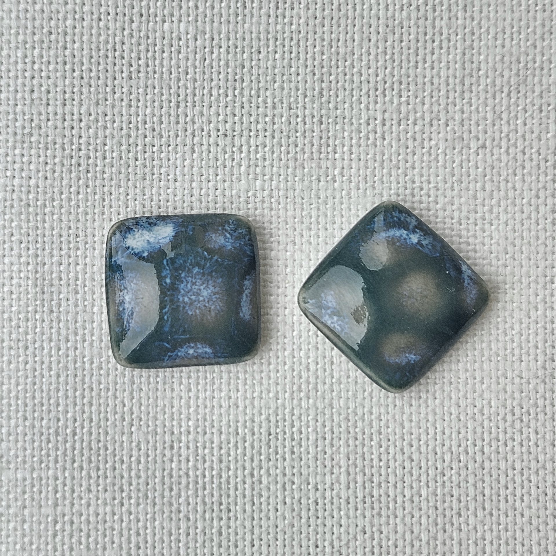 Square Artisan Ceramic Cabochons, 18x18mm, Deep Malachite Green with Blueish Clouds