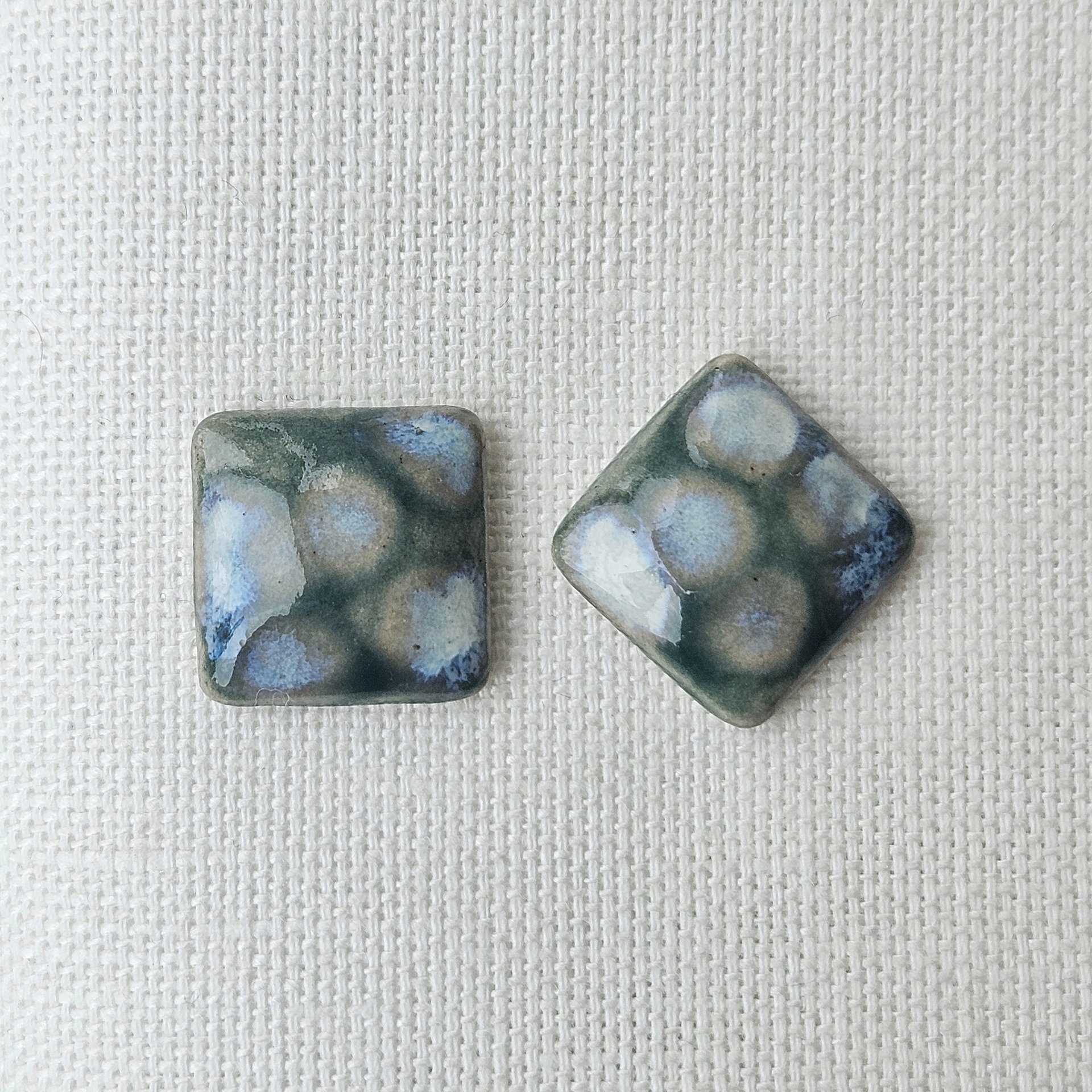 Square Artisan Ceramic Cabochons, 18x18mm, Green Cloudy