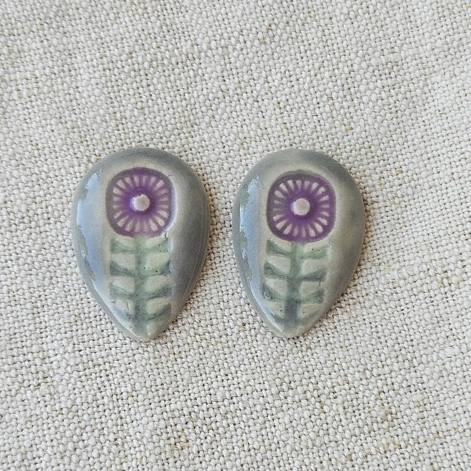 Flower Drop Artisan Ceramic Cabochons, Purple and Gray, one pair