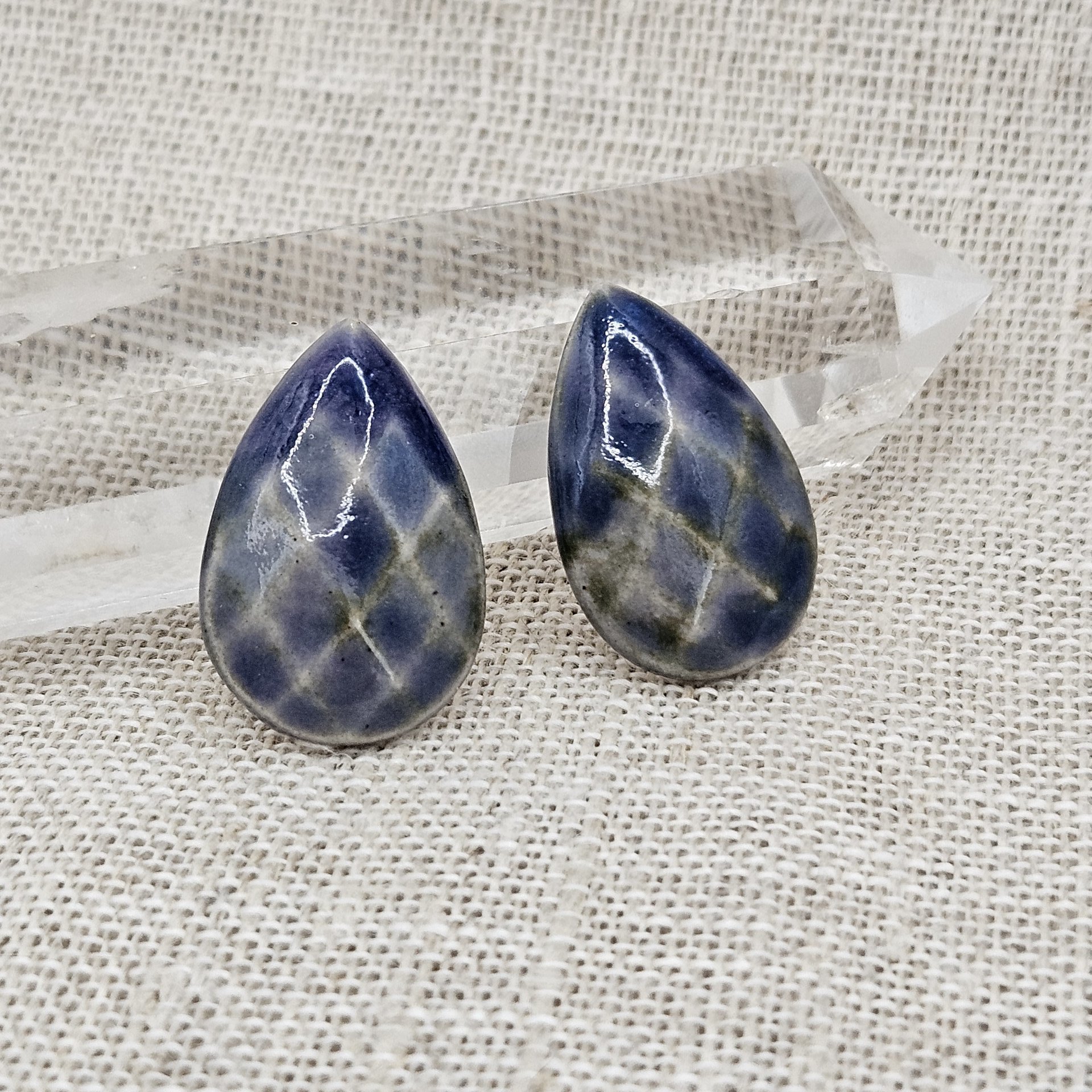 Faceted Drop Artisan Ceramic Cabochons, 25x16mm, Sapphire Chartreuse, one piece