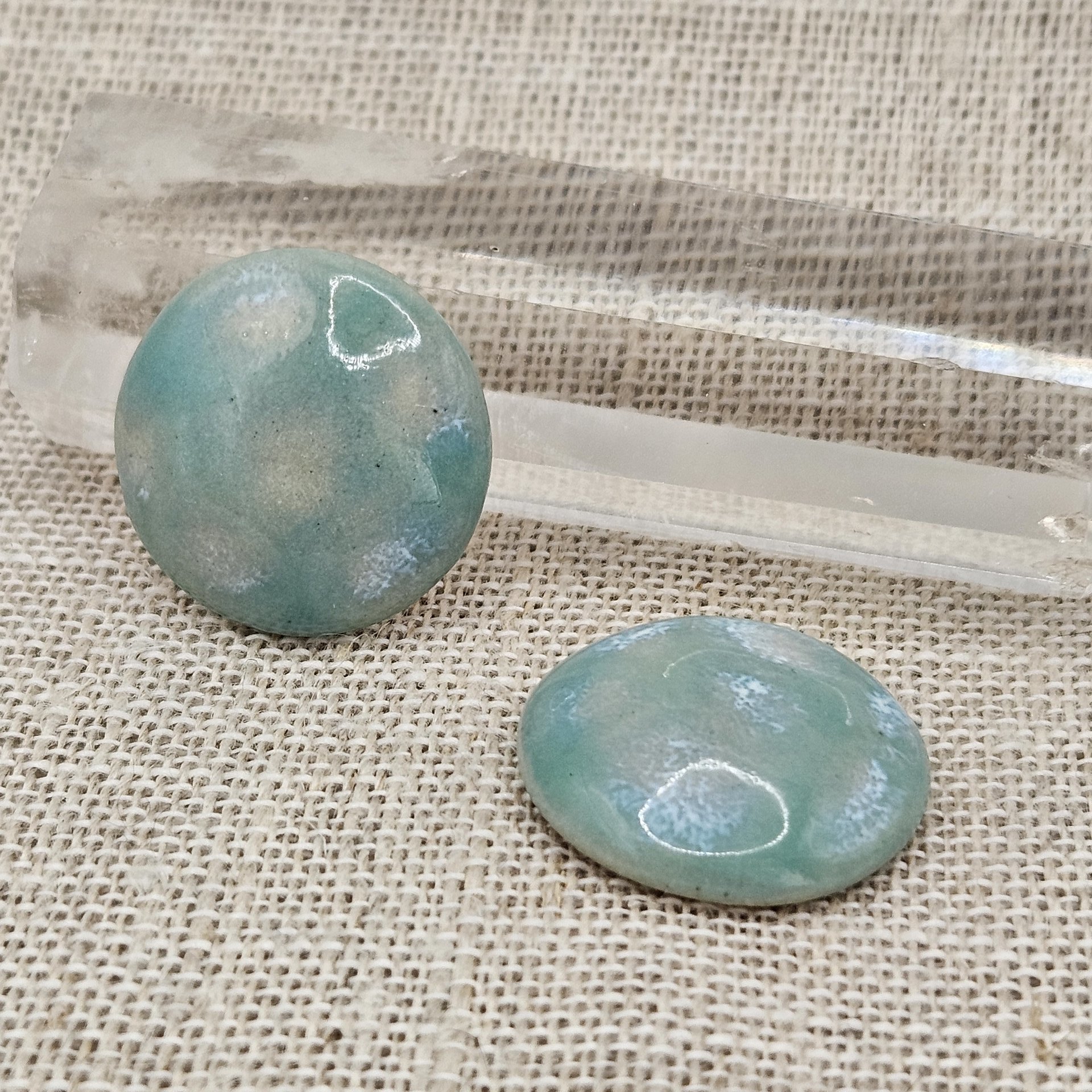Round Artisan Ceramic Cabochons, Mint Opal Dots, one piece