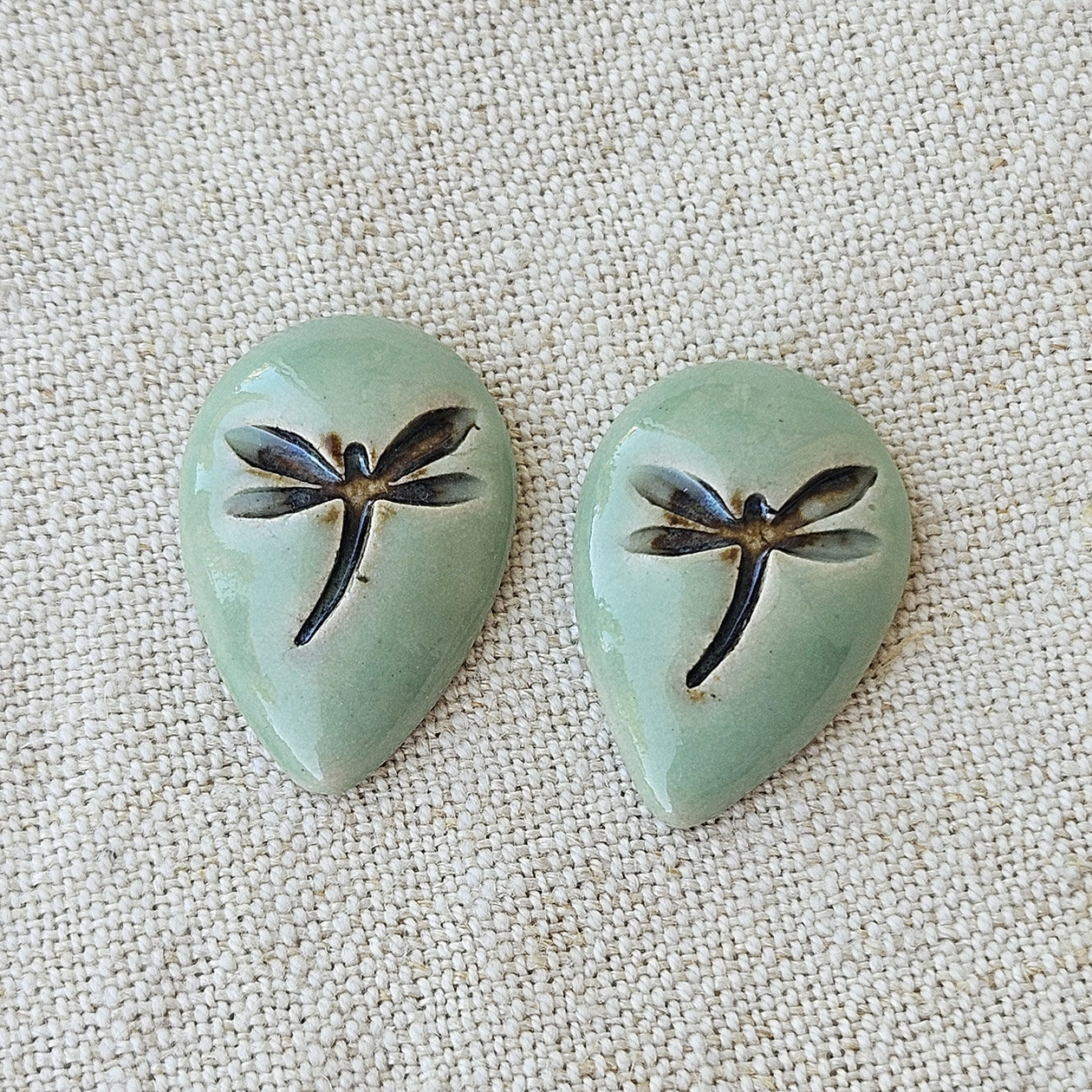 Dragonfly Drop Artisan Ceramic Cabochons, Green Brown, one pair