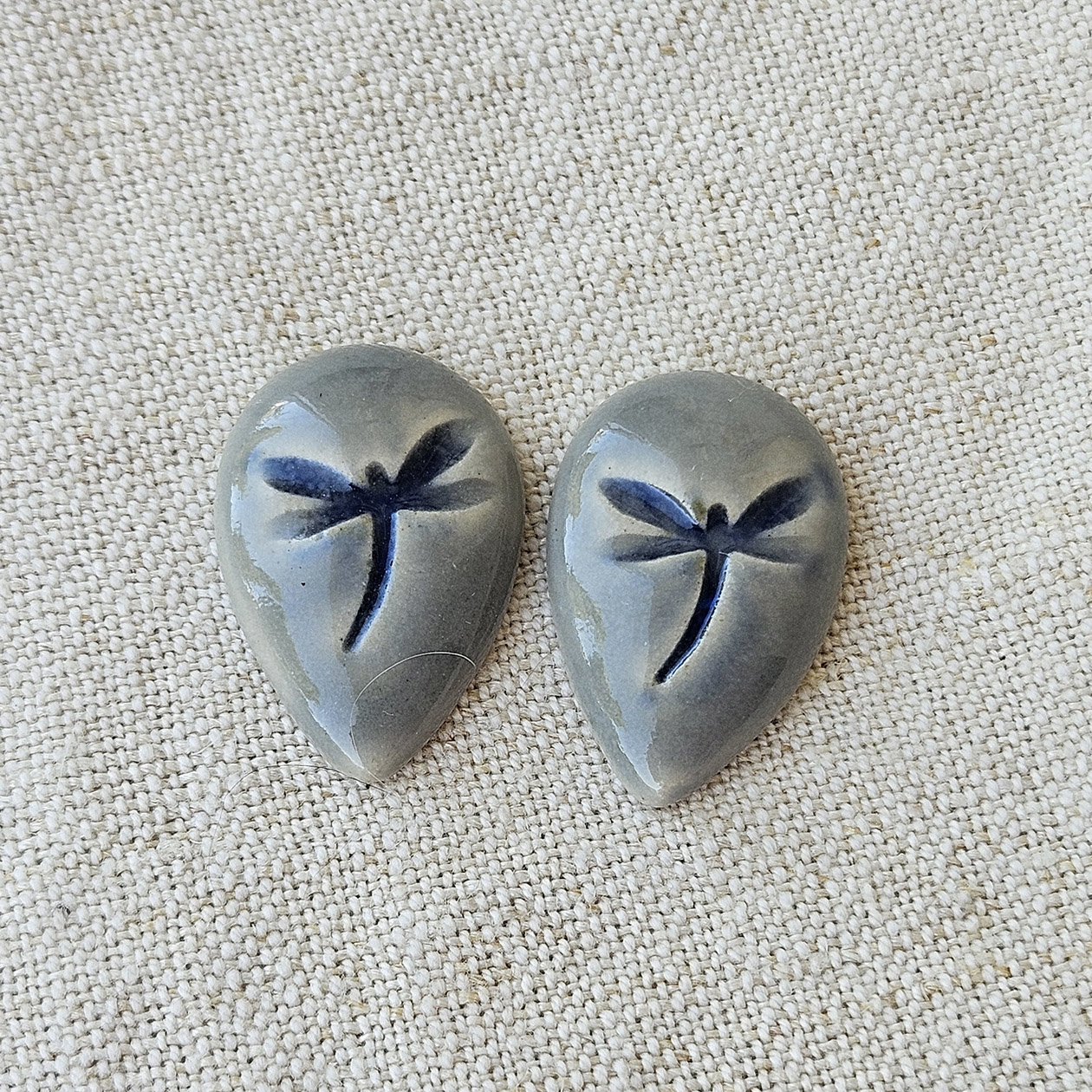 Dragonfly Drop Artisan Ceramic Cabochons, Blue Gray, one pair