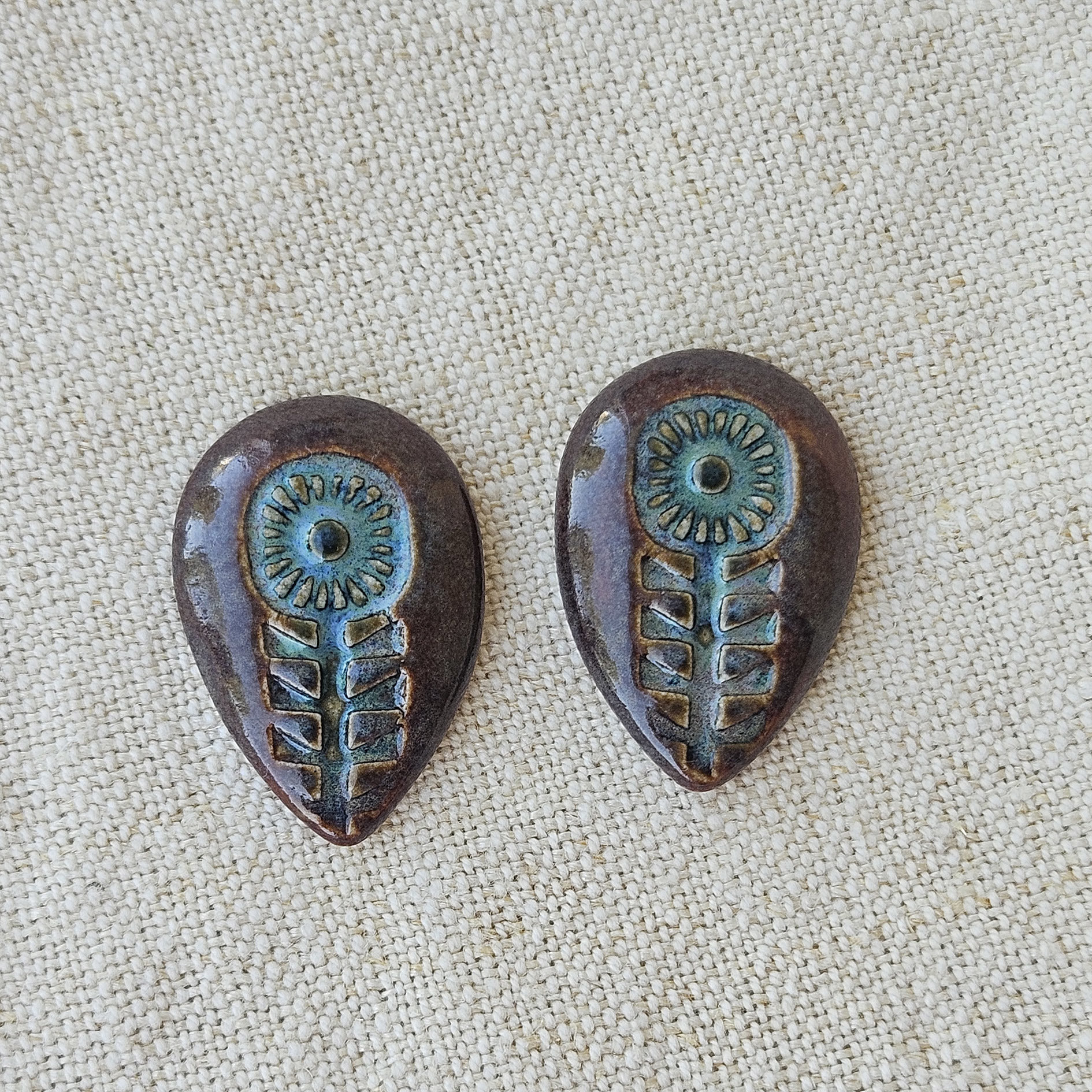Flower Drop Artisan Ceramic Cabochons, Teal and Smokey Merlot, one pair