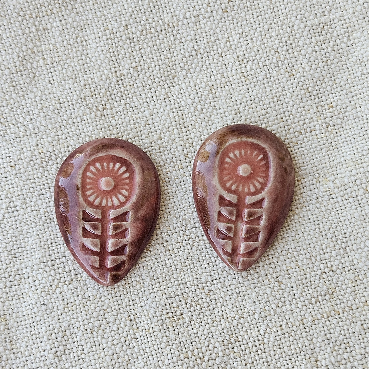 Flower Drop Artisan Ceramic Cabochons, Pink/Old Rose, one pair