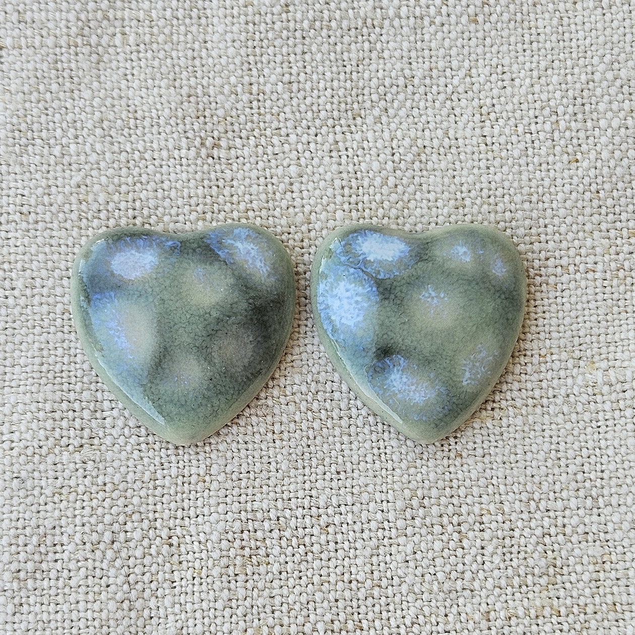 Heart Artisan Ceramic Cabochons, Grayish Mint Opal Dots, one pair