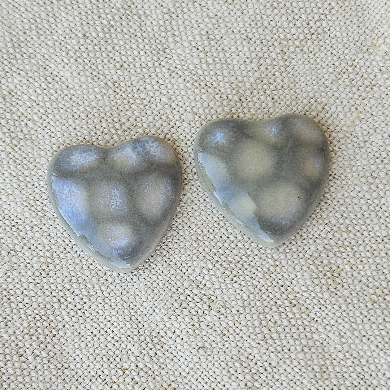 Heart Artisan Ceramic Cabochons, Gray Opal Dots, one pair