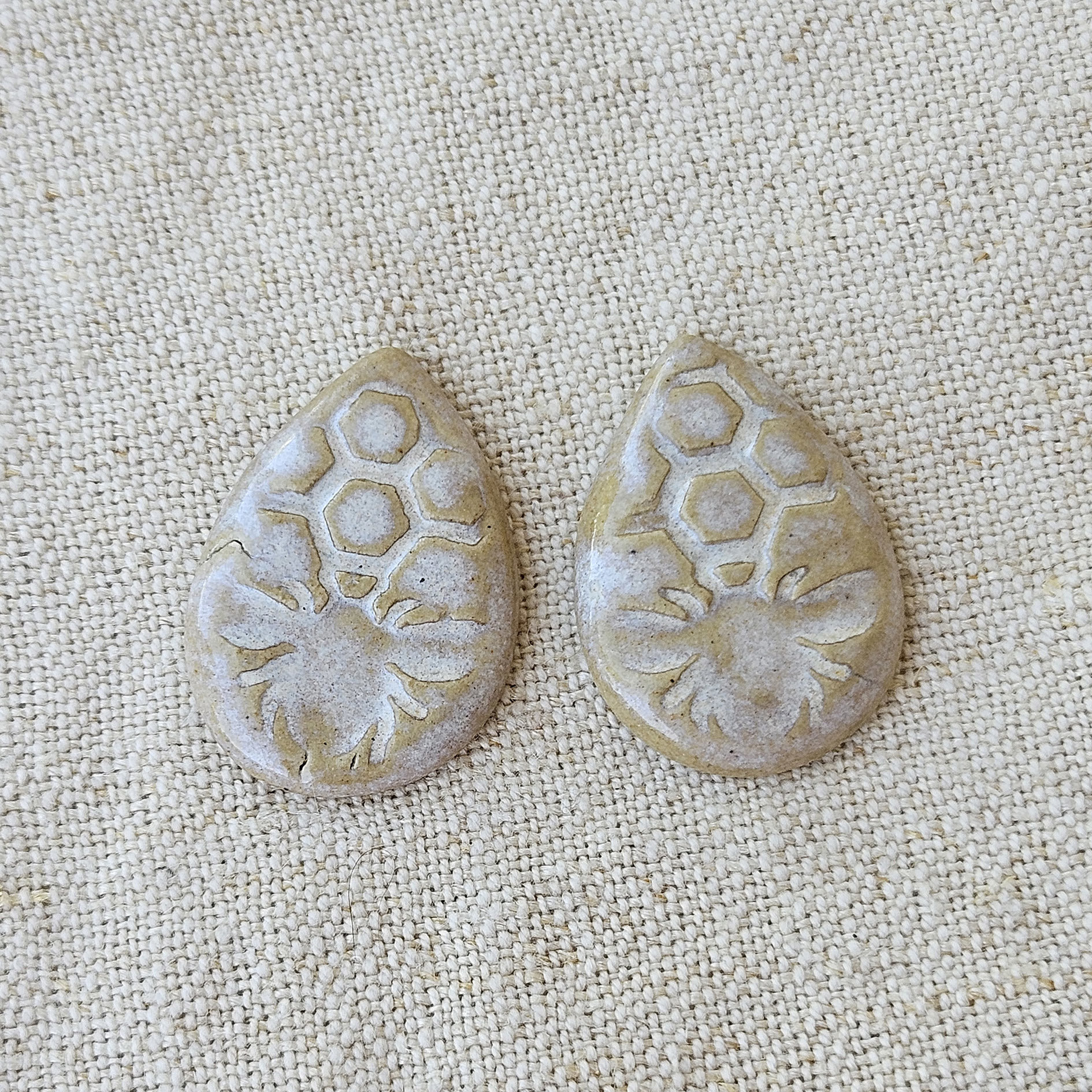 Honey Bee Drop Artisan Ceramic Cabochons, Beige White, one pair