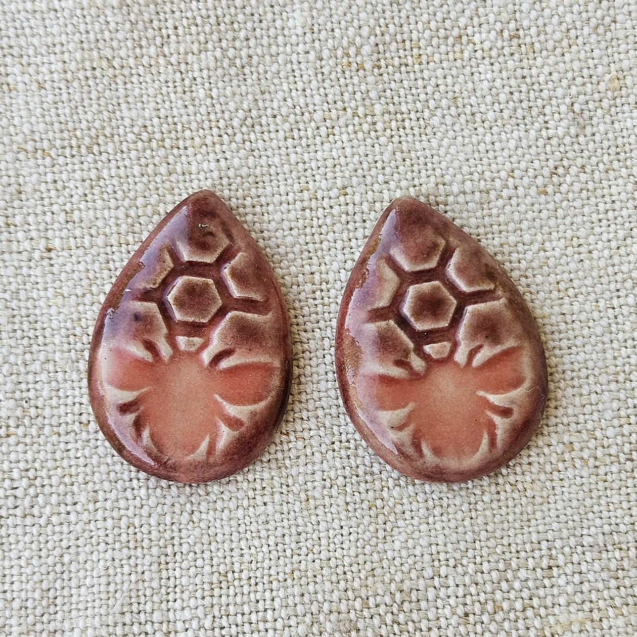 Honey Bee Drop Artisan Ceramic Cabochons, Pink / Brownish Rose, one pair