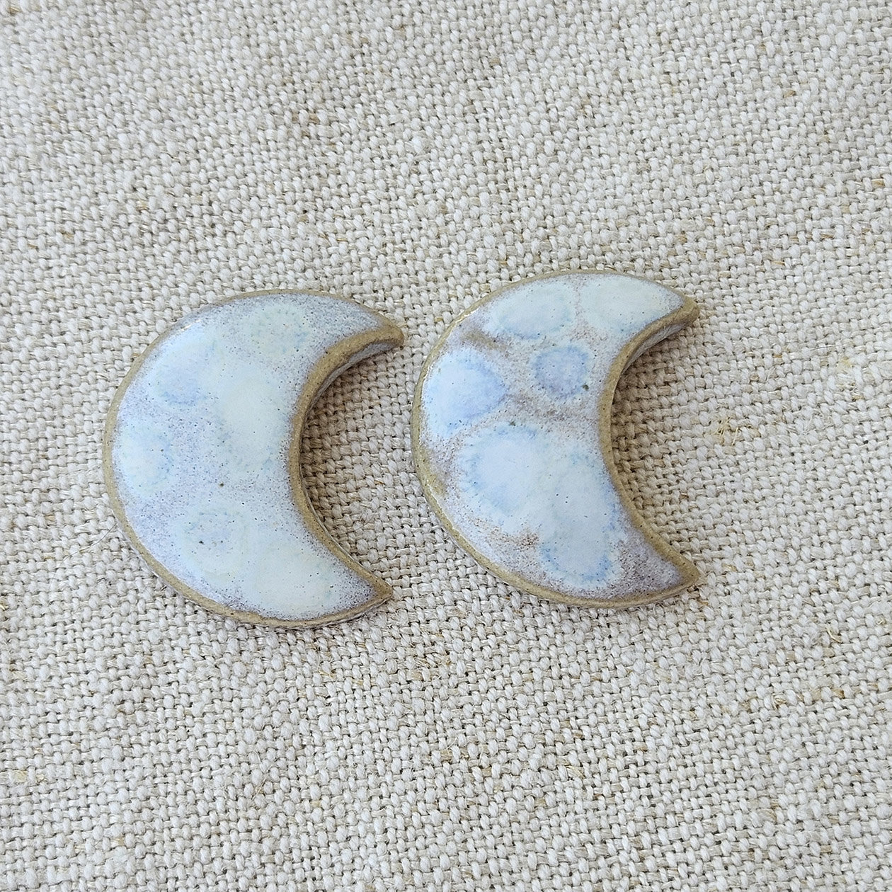 Moon Artisan Ceramic Cabochons, Beige White, one pair