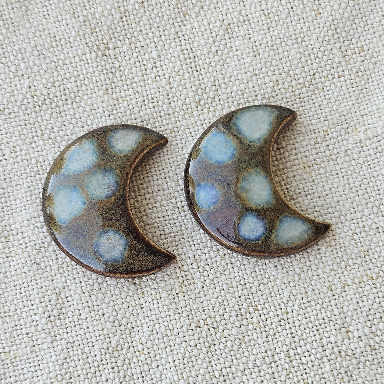 Moon Artisan Ceramic Cabochons, Brown with Whitish Dots, one pair