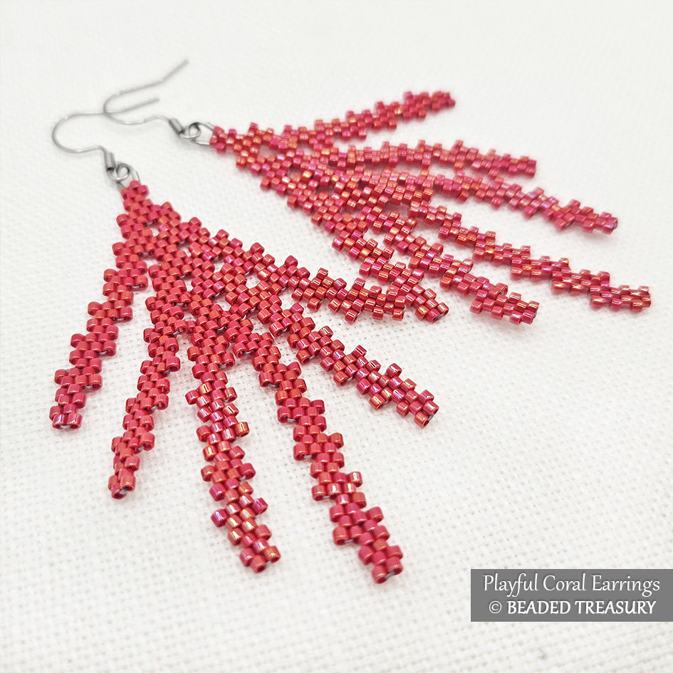 PLAYFUL CORAL EARRINGS Beading Tutorial - Peyote Stitch Bead Pattern