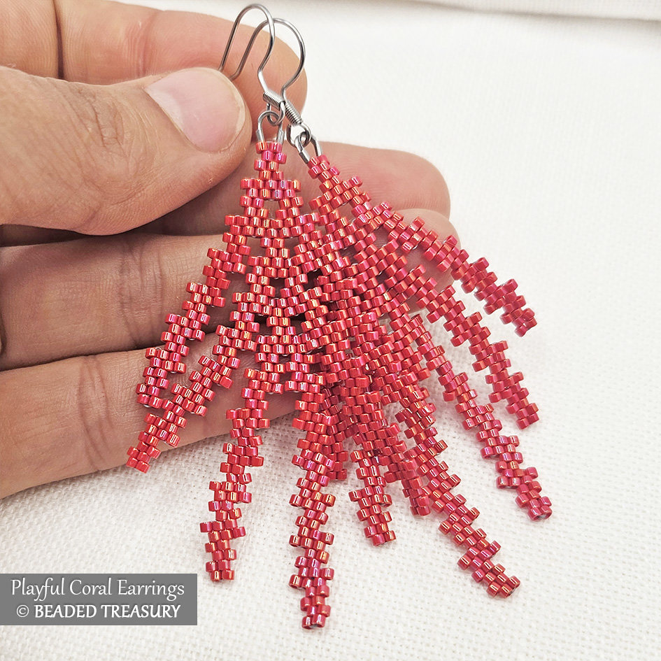 PLAYFUL CORAL EARRINGS Beading Tutorial - Peyote Stitch Bead Pattern