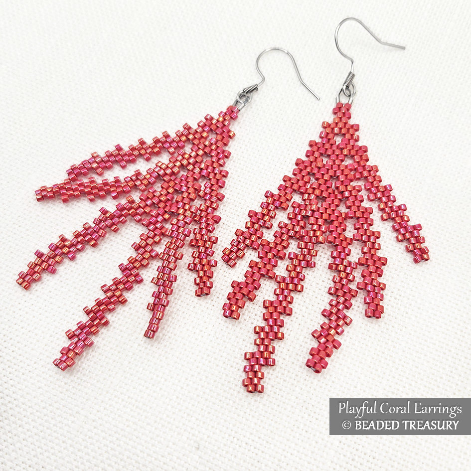 PLAYFUL CORAL EARRINGS Beading Tutorial - Peyote Stitch Bead Pattern